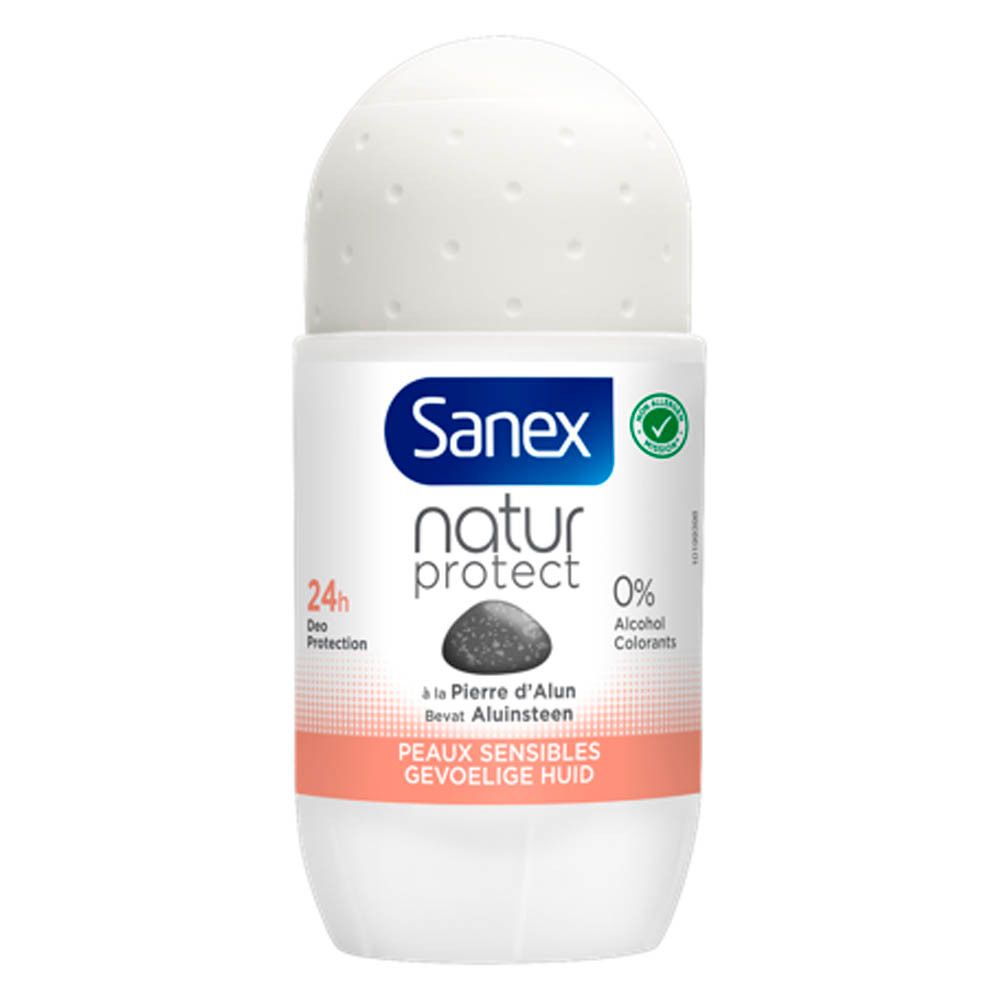 Roll-on Sanex Natur Protect. Bouteille blanche, accent rose. Peaux sensibles. Protection 24h, 0% alcool.