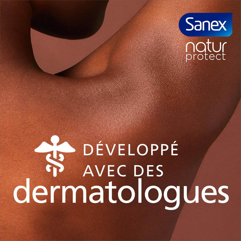 Sanex Natur Protect. Bras avec peau. Développé avec des dermatologues. Logo et texte.