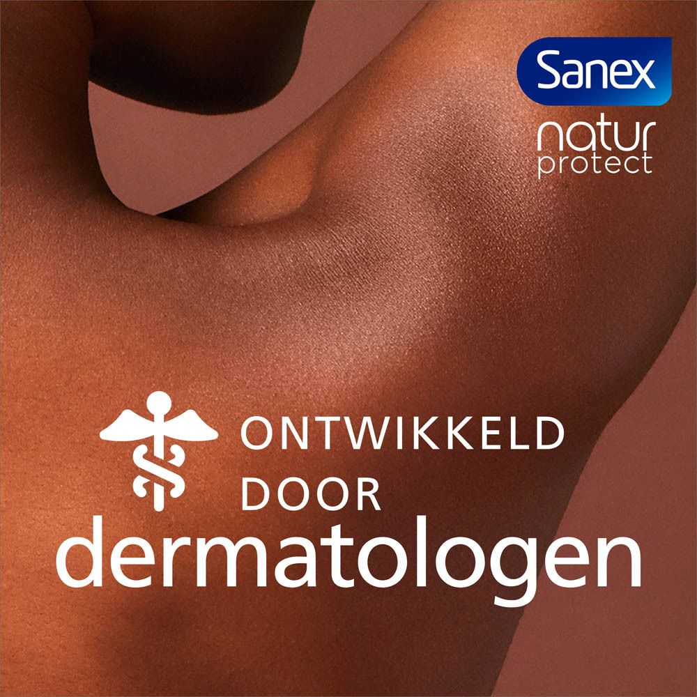 Sanex Natur Protect. Arm met huid. Ontwikkeld door dermatologen. Logo en tekst.