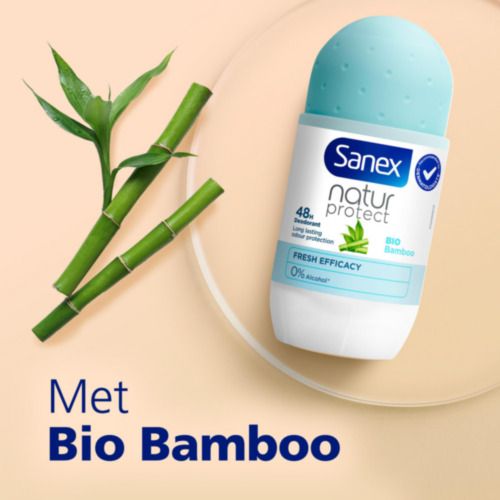 Roll-on deodorant en bamboe. Tekst: Met Bio Bamboe.