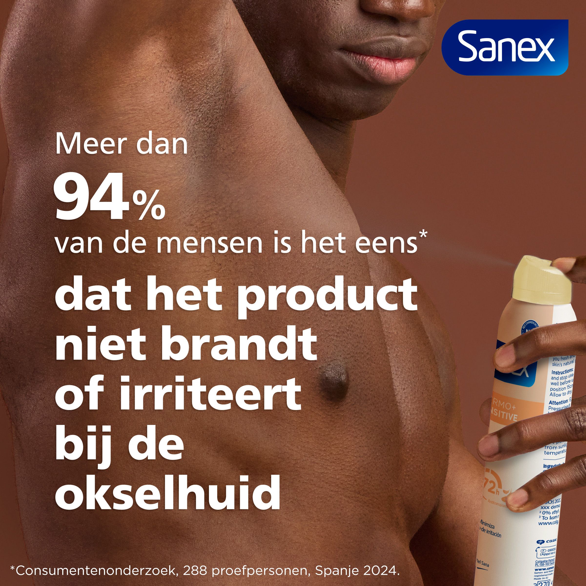 Sanex logo. Tekst: Meer dan 94% van de mensen is het eens dat het product niet brandt.