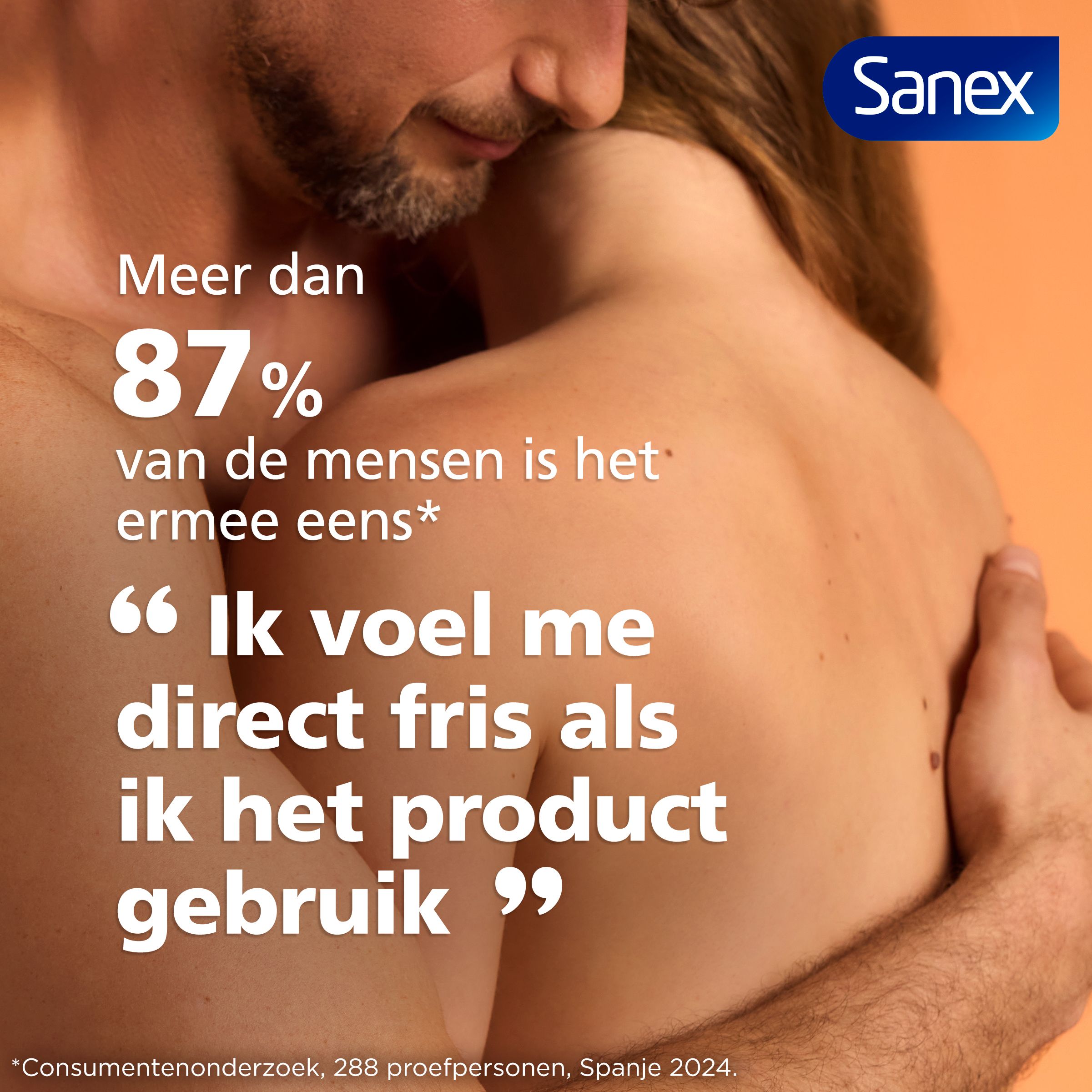 Sanex logo. Tekst: Meer dan 87% van de mensen is het ermee eens: Ik voel me direct fris.
