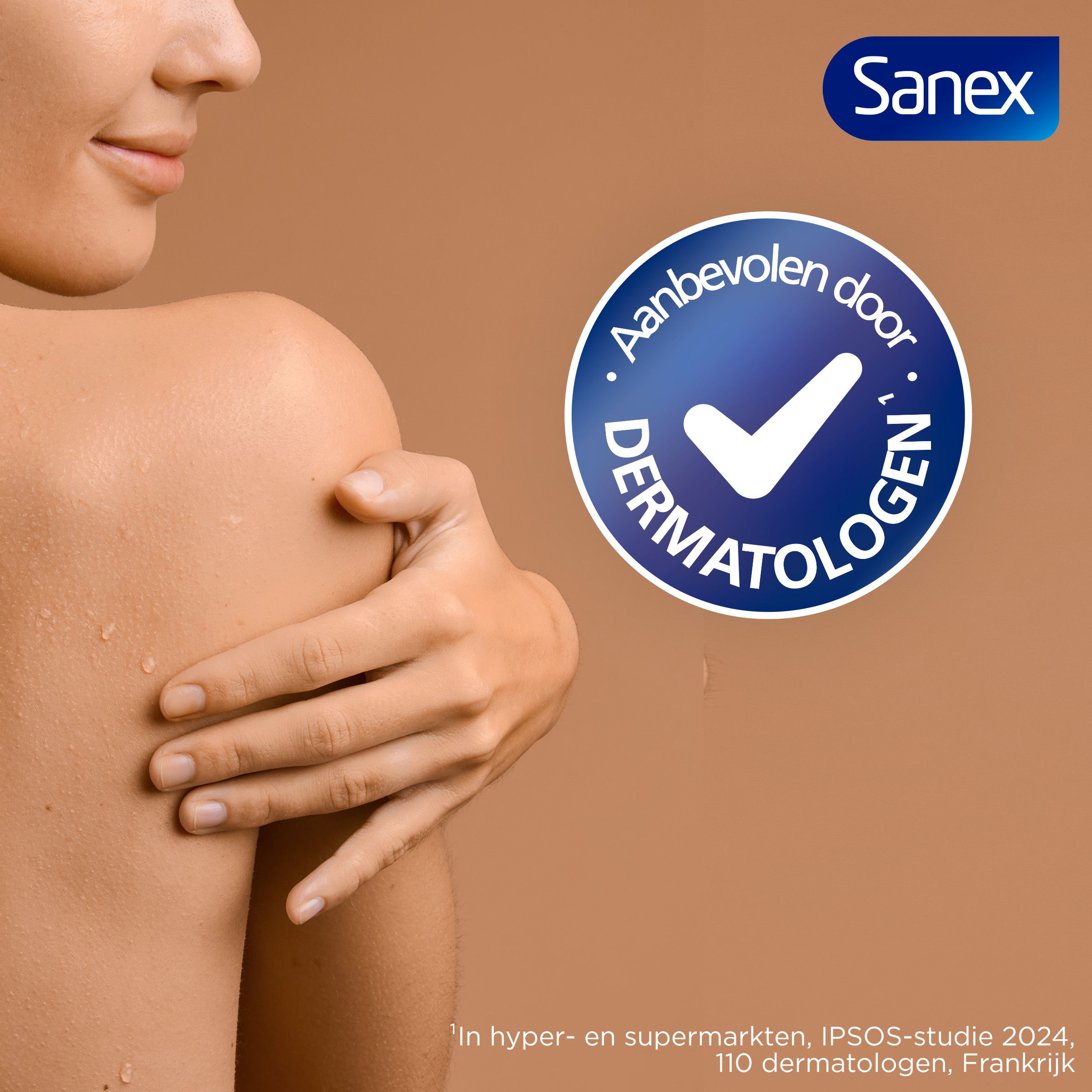 Sanex Derma Care 48H Protector deodorant spray. Persoon met arm. Tekst: Aanbevolen door dermatologen.