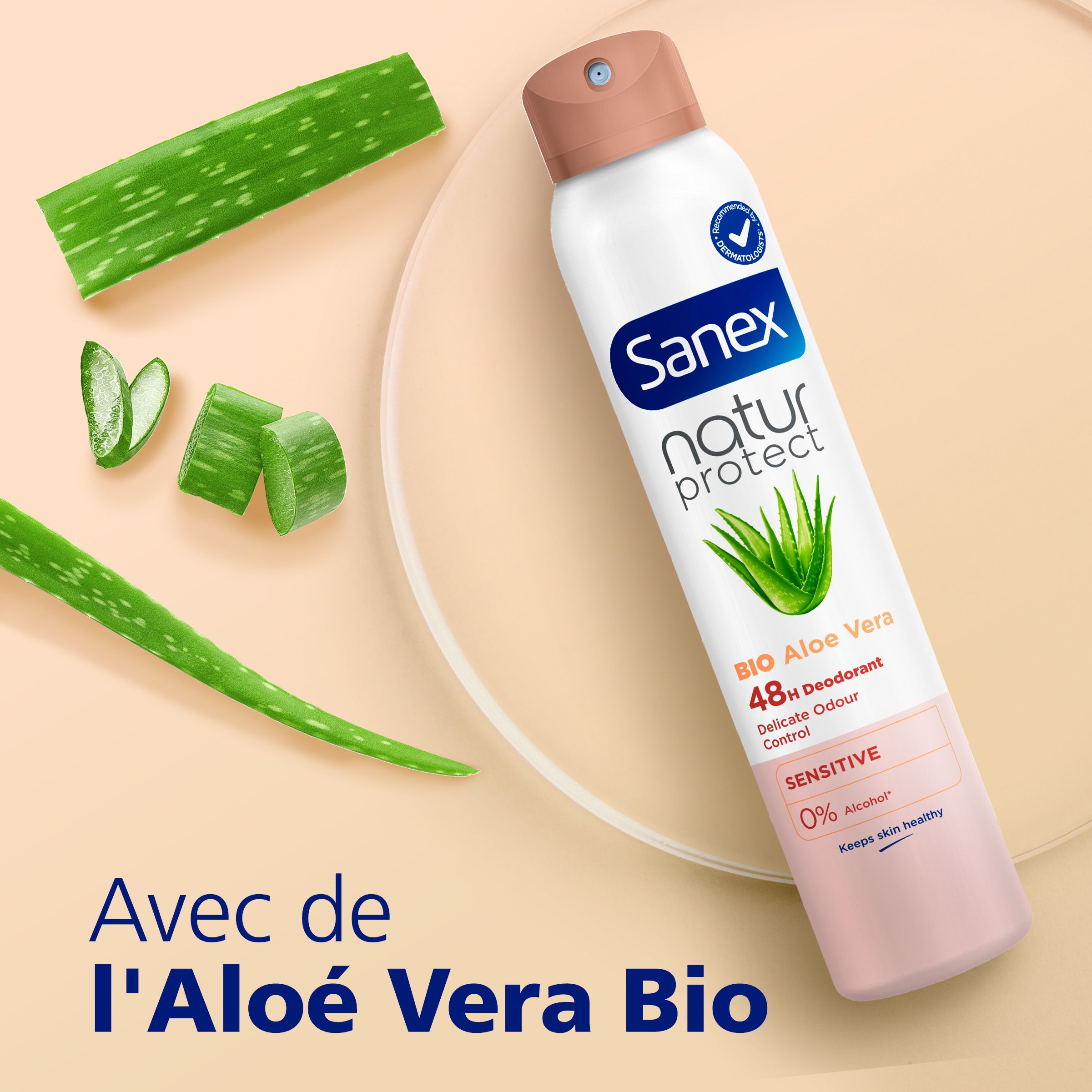 Déodorant Sanex Natur Protect. Flacon blanc, bouchon marron. Aloe Vera. Texte: 48h, Sensitive, 0% alcool.