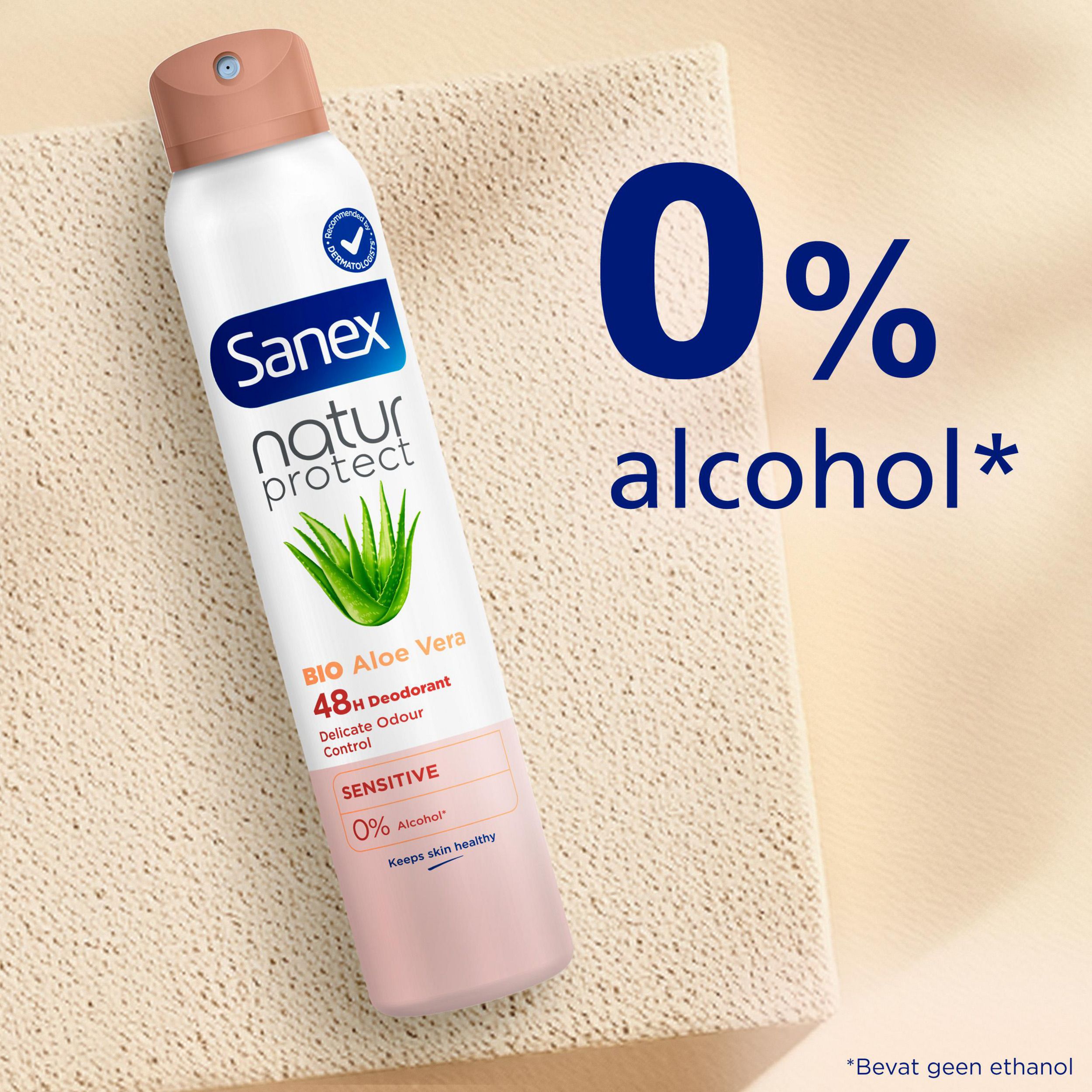 Sanex Natur Protect deodorant. Witte spuitbus met bruine dop. Aloë Vera. Tekst: 48h, Sensitive, 0% alcohol.