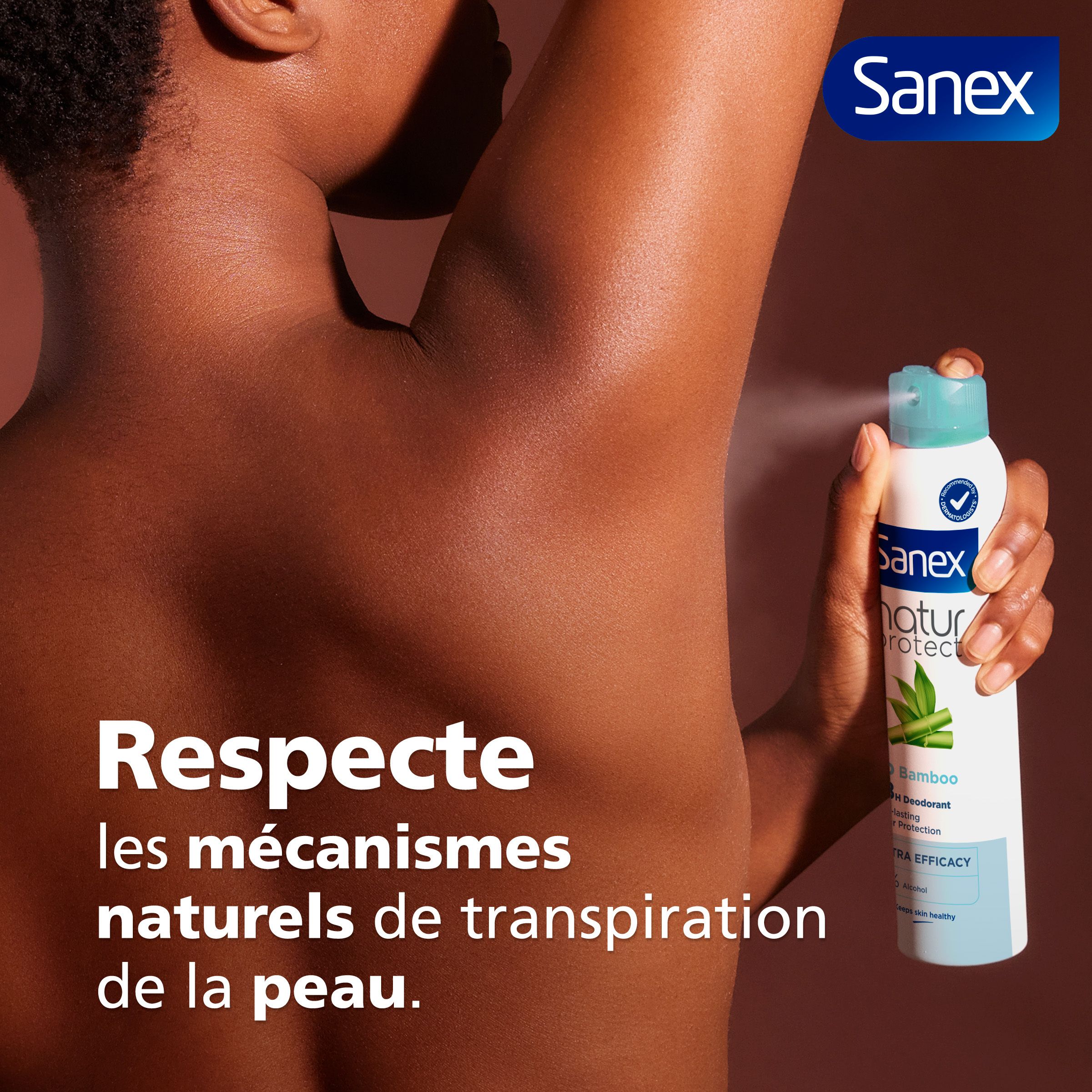 Logo bleu: Recommandé par des dermatologues. Déodorant Sanex Natur Protect.