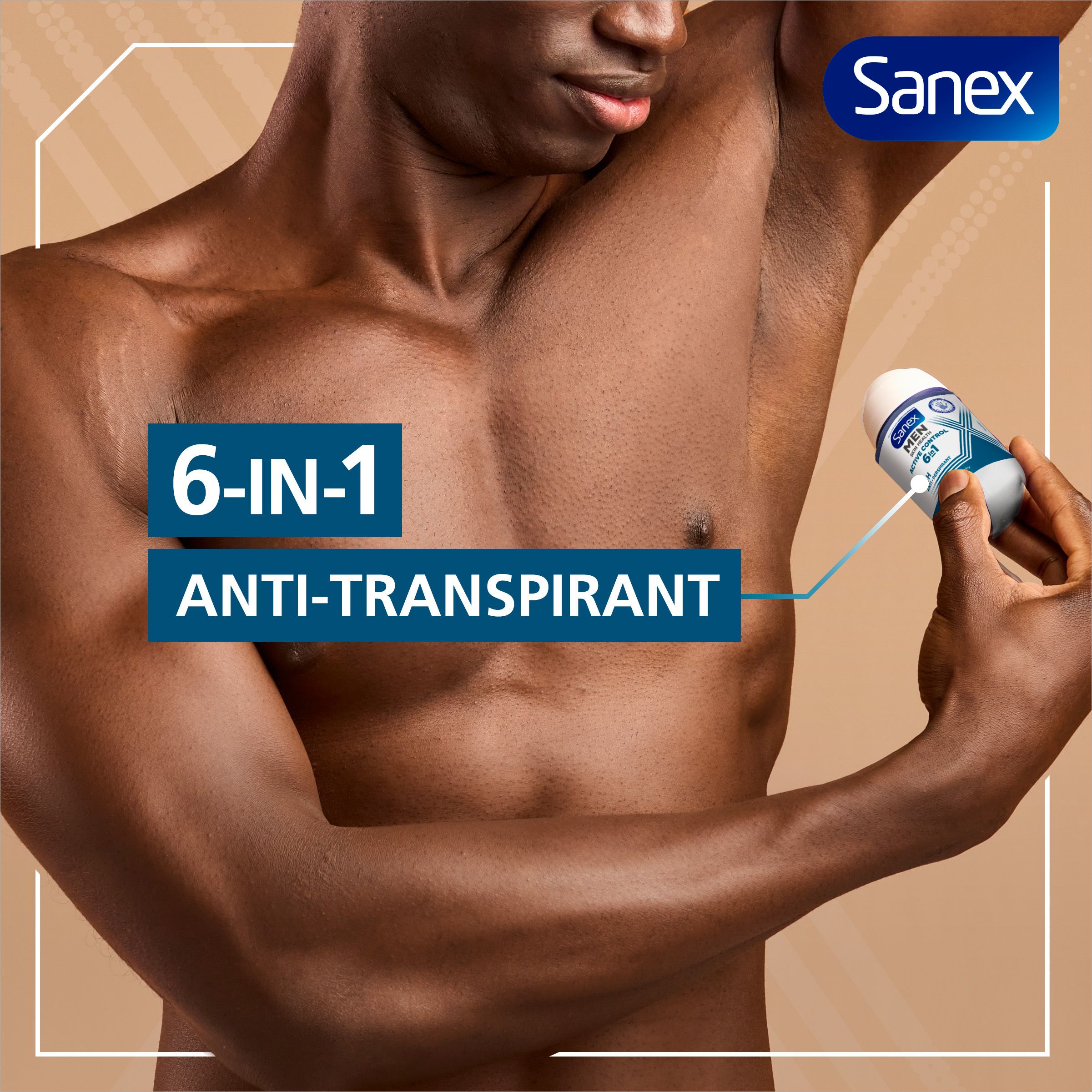 Sanex roller op handdoek en gewichten. Tekst: 0% alcohol. Sanex logo.