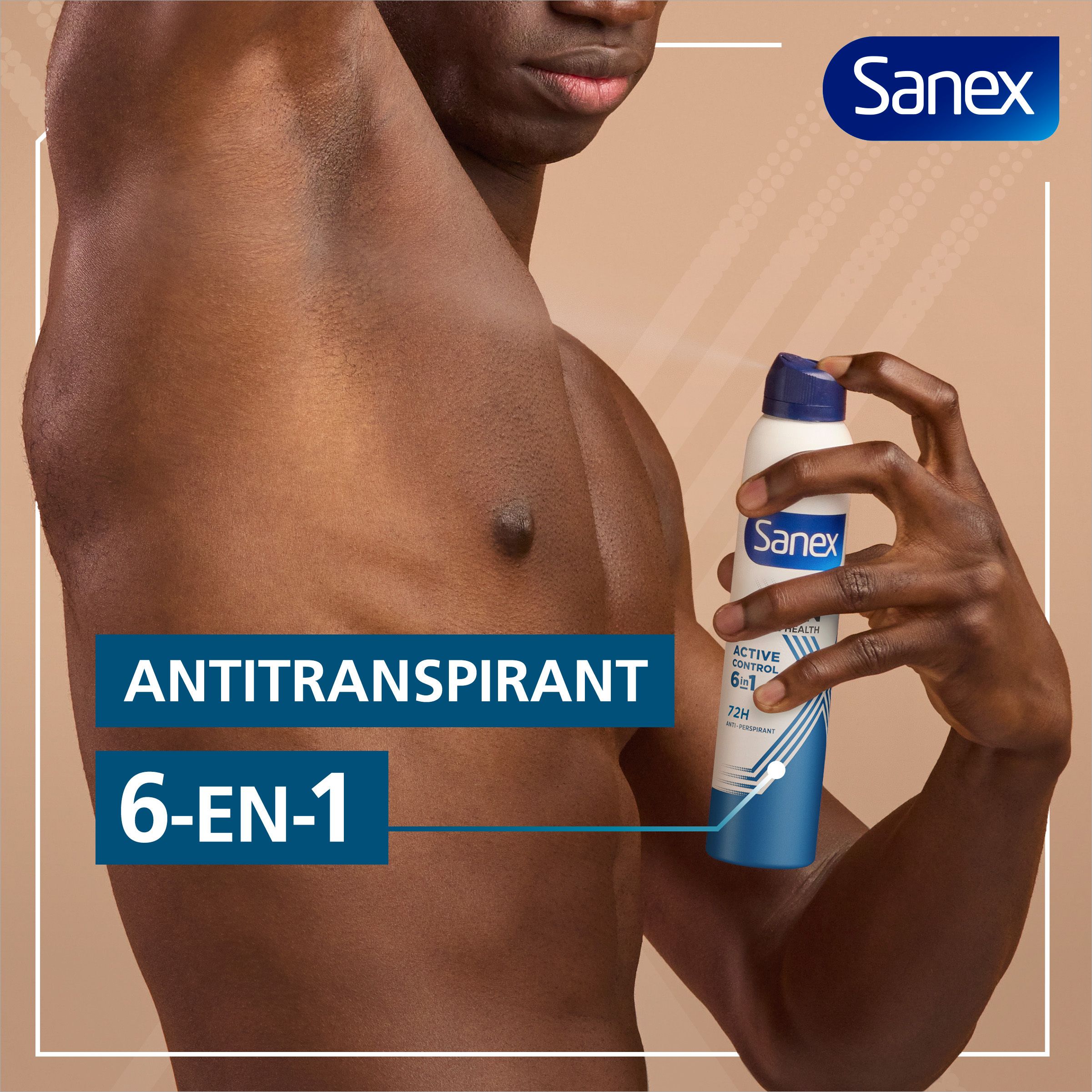 Homme tenant spray Sanex. Texte: Anti-transpirant, 6-EN-1. Fond marron. Visuel produit.