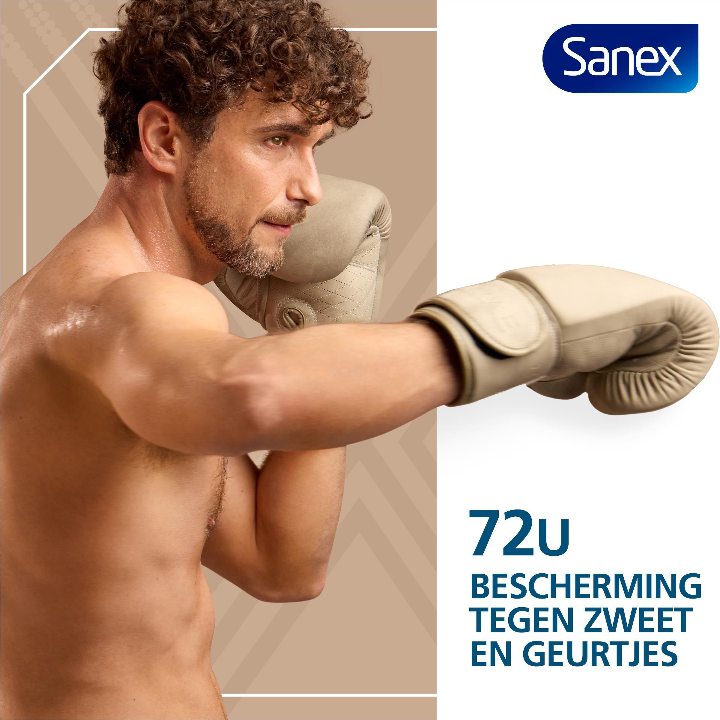 Man bokst met handschoenen. Tekst: Neutraliseert transpiratie en geurtjes. Sanex logo.