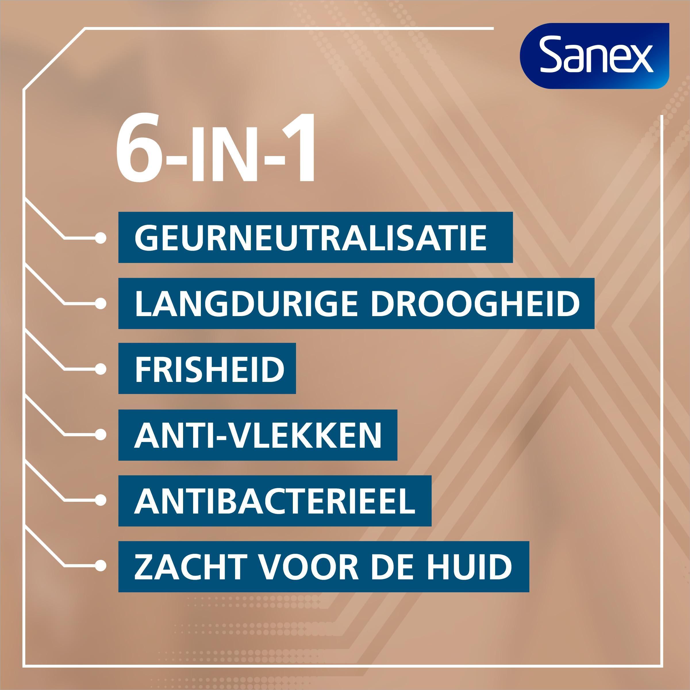 Tekst: 6-IN-1. Opsomming van voordelen. Bruine achtergrond. Sanex logo.
