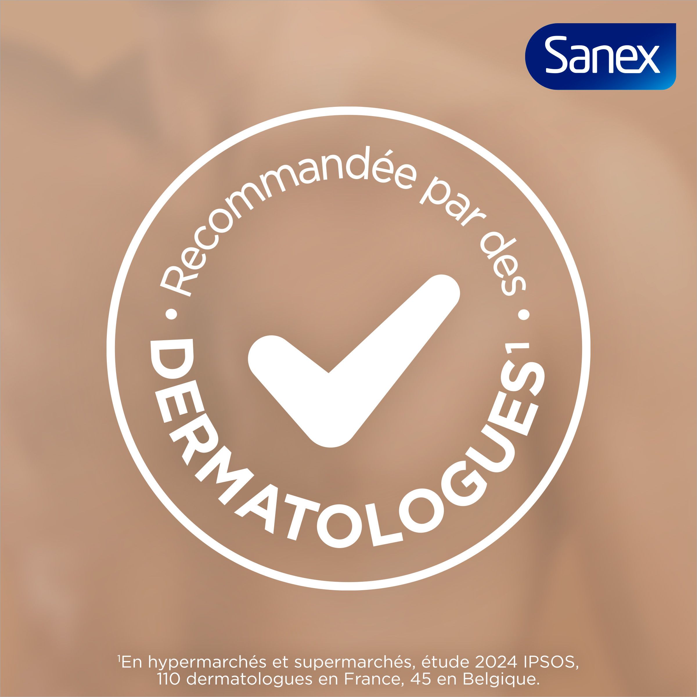 Texte: Recommandé par des dermatologues. Fond marron. Logo Sanex.