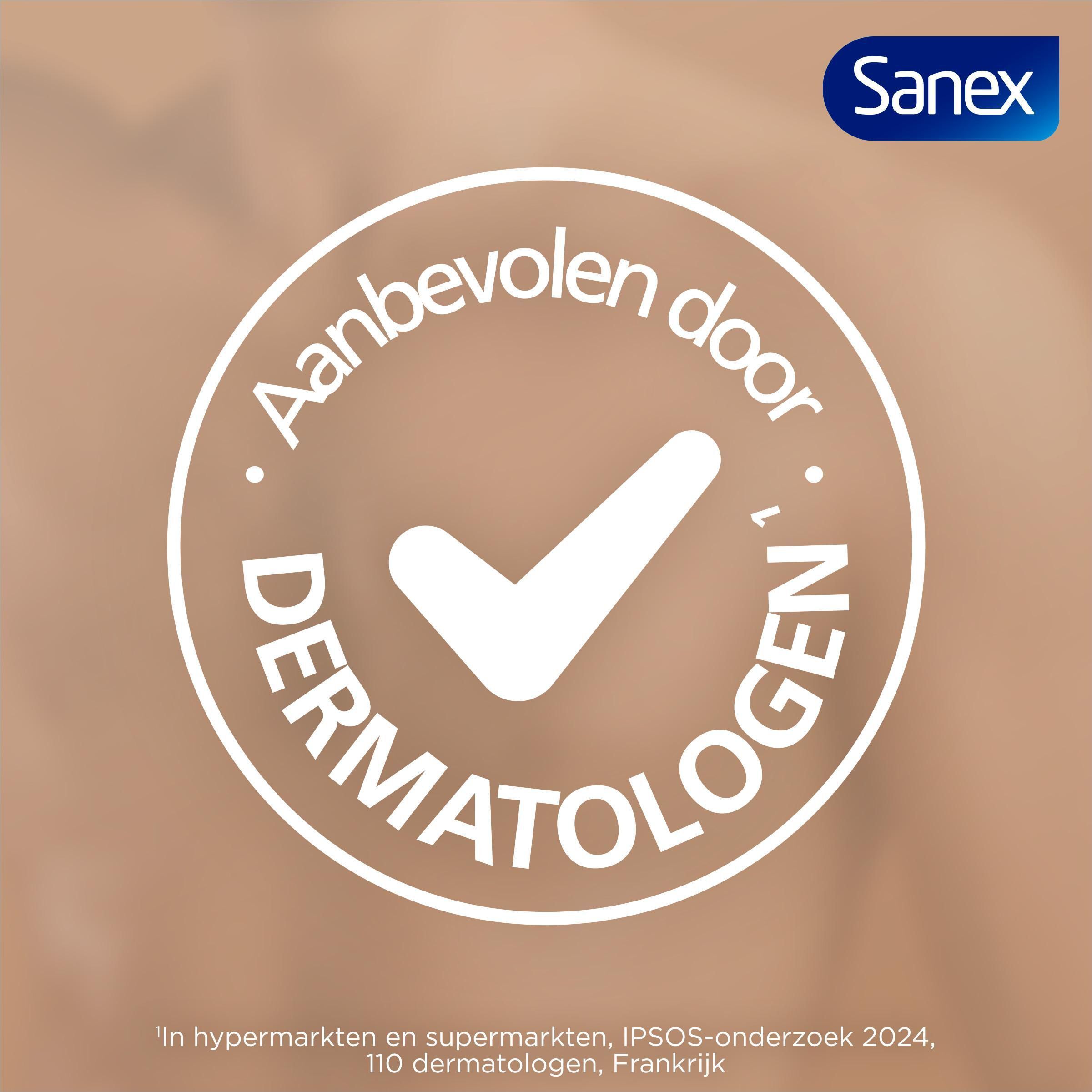 Tekst: Aanbevolen door dermatologen. Bruine achtergrond. Sanex logo.