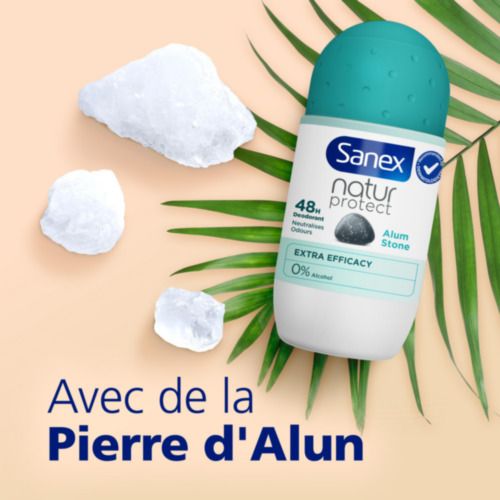Roll-on et pierre d'alun. Sanex Natur Protect, Déodorant 48h, 0% alcool. Avec pierre d'alun.