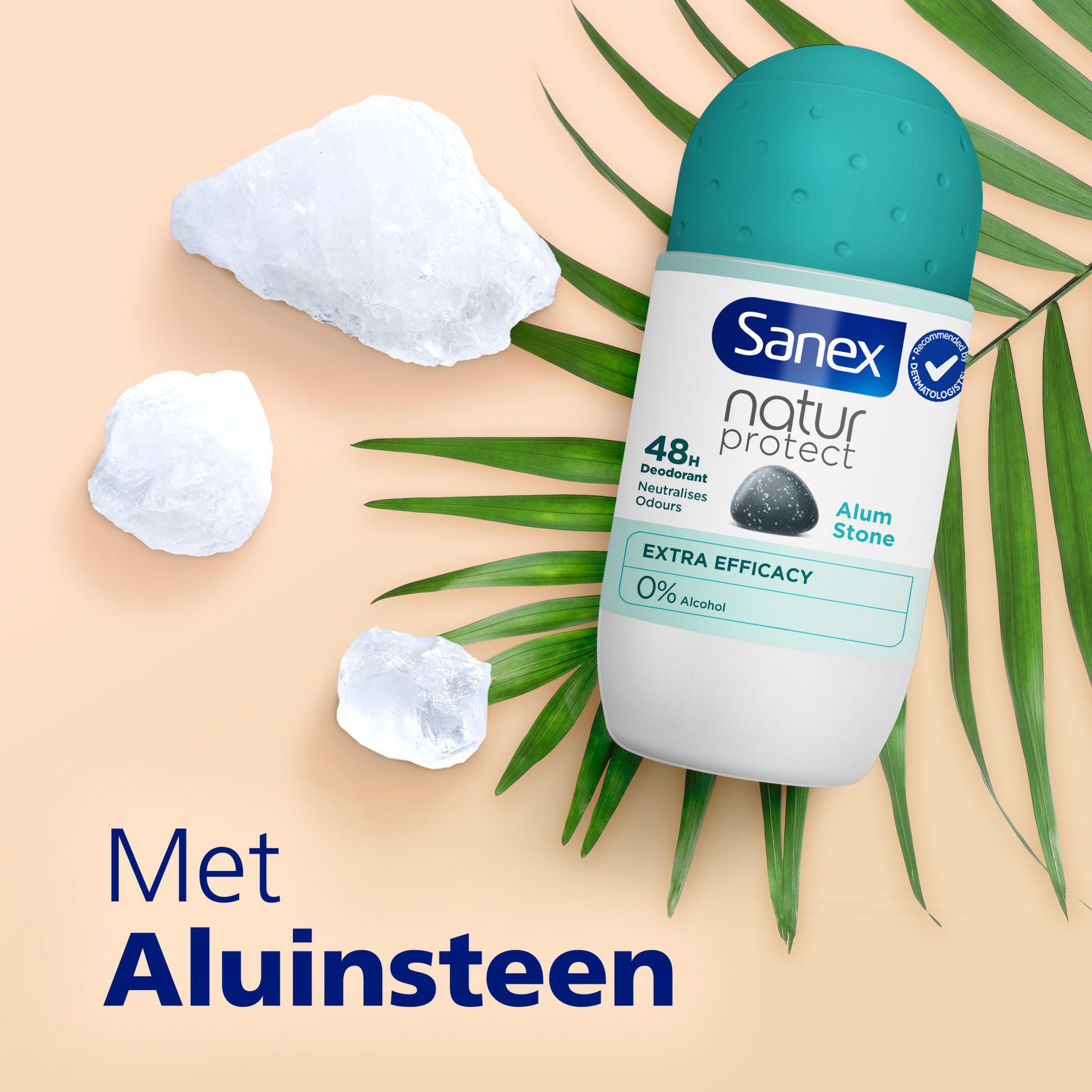 Roll-on en aluinsteen. Sanex Natur Protect, 48u Deodorant, 0% alcohol. Met aluinsteen.