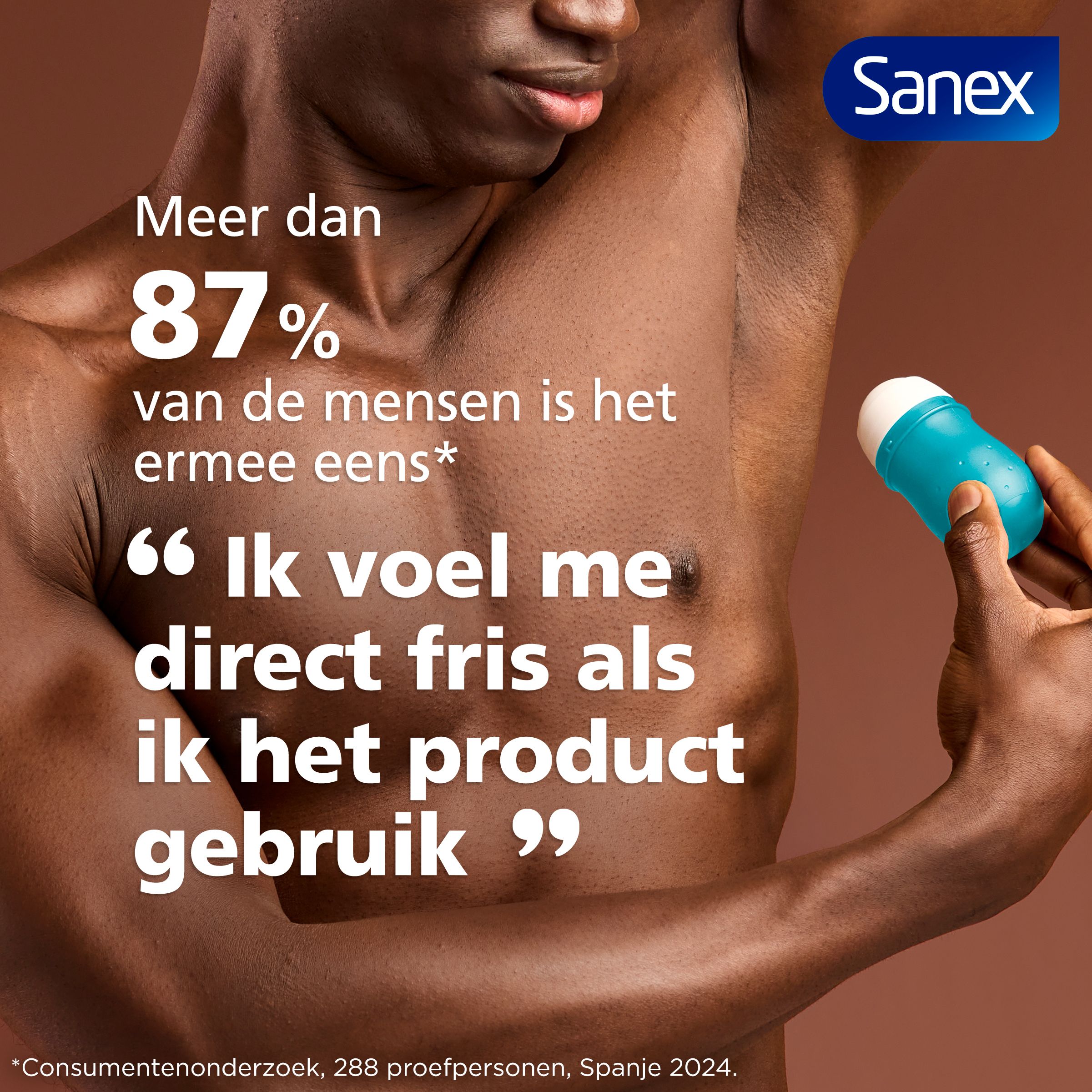 Tekst: Meer dan 87% van de mensen is het ermee eens: « Ik voel me direct fris als ik het product gebruik. » Sanex logo.