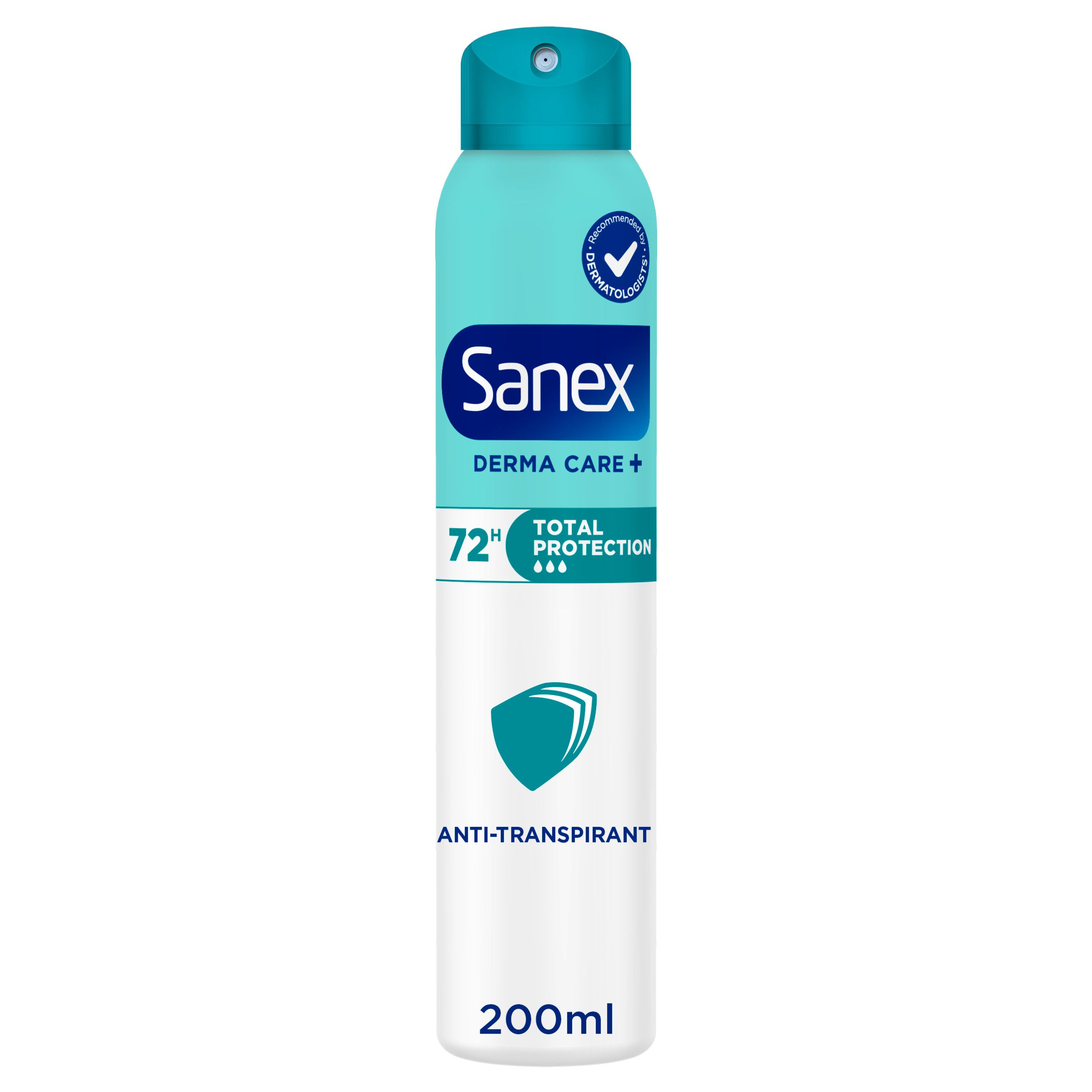 Sanex Derma Care+ spray. Flacon turquoise avec tête de pulvérisation bleue. Logo et nom du produit.