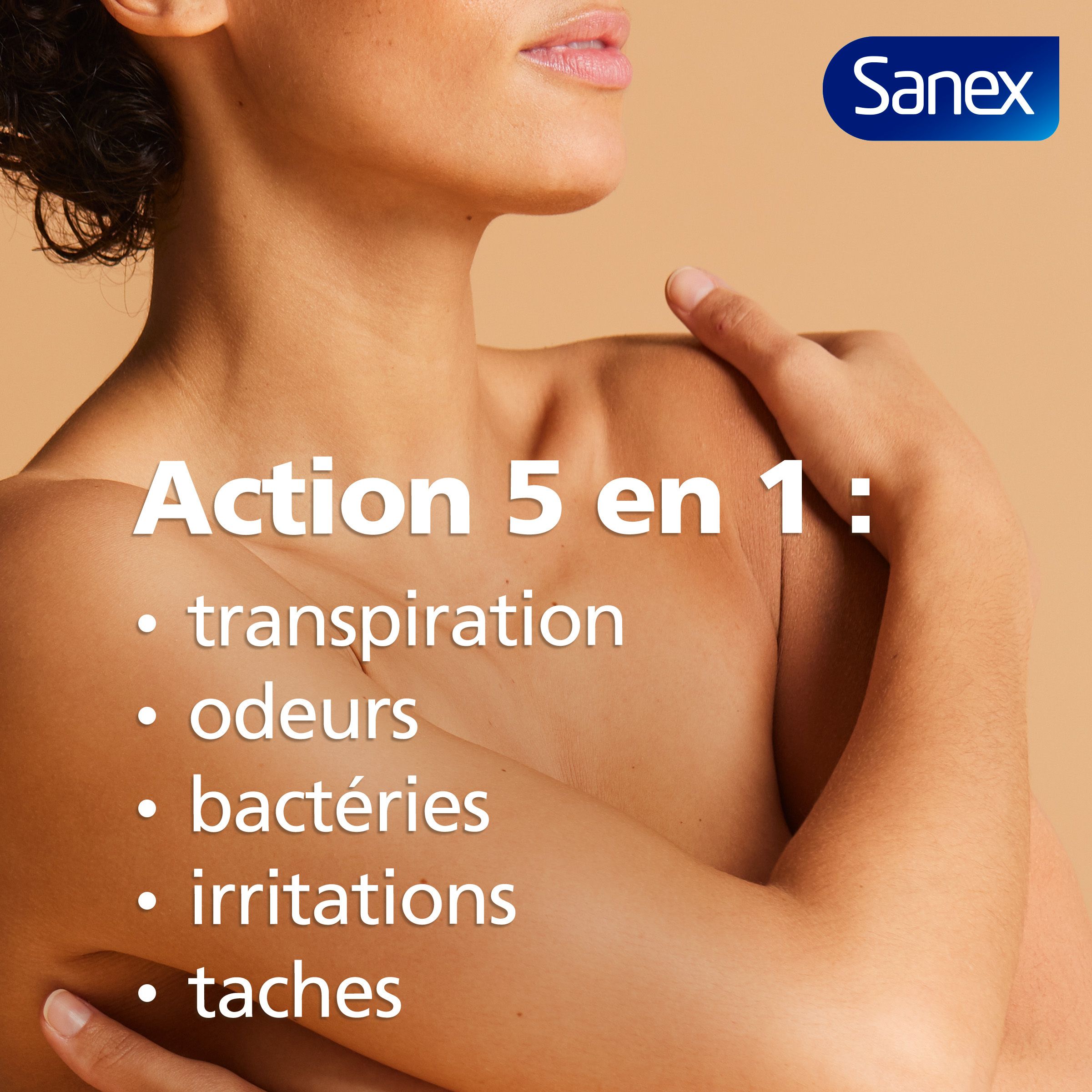 Publicité Sanex. Texte : Action 5 en 1 : transpiration, odeurs, bactéries, irritations, taches.