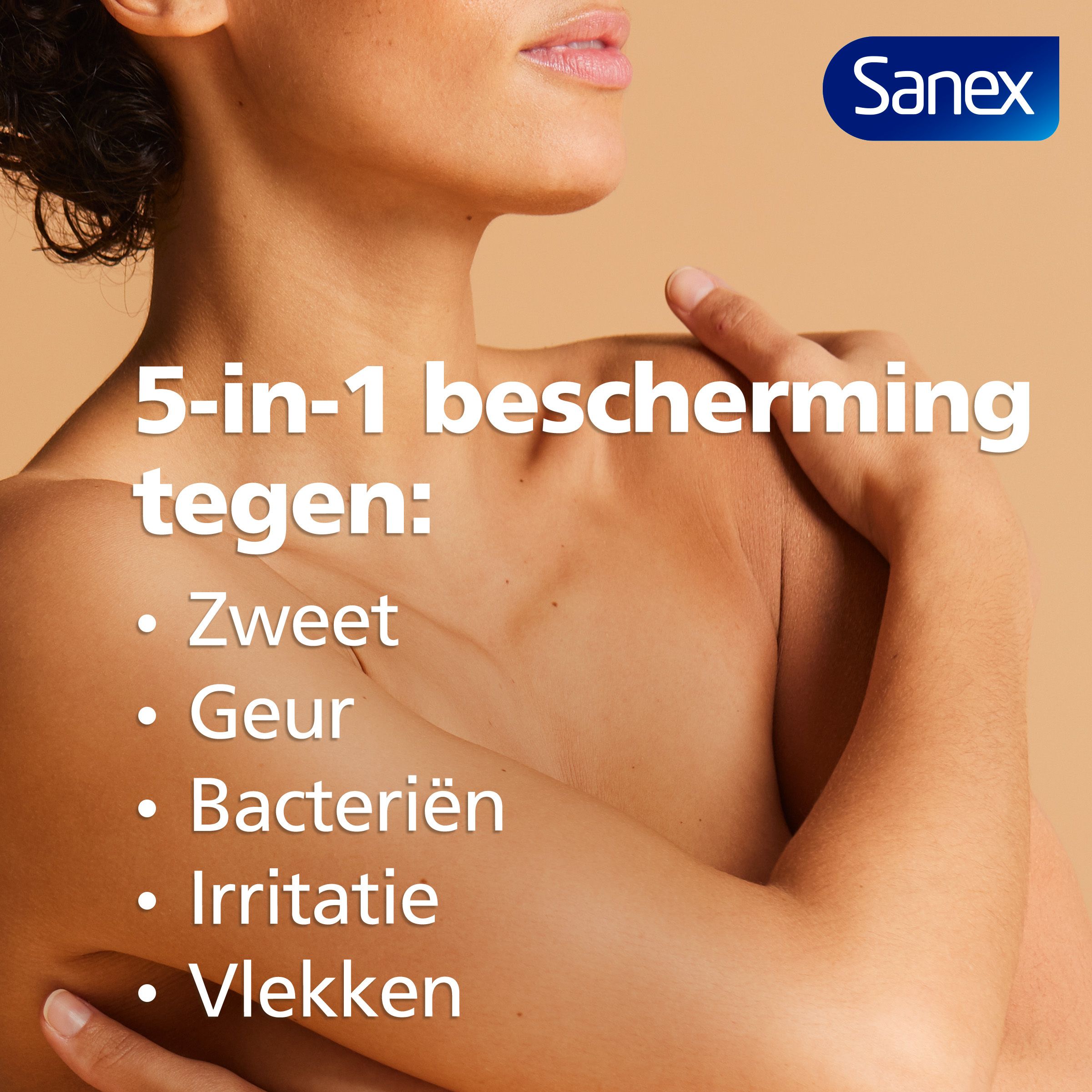Reclame voor Sanex. Tekst: 5-in-1 bescherming tegen: Zweet, Geur, Bacteriën, Irritatie, Vlekken.