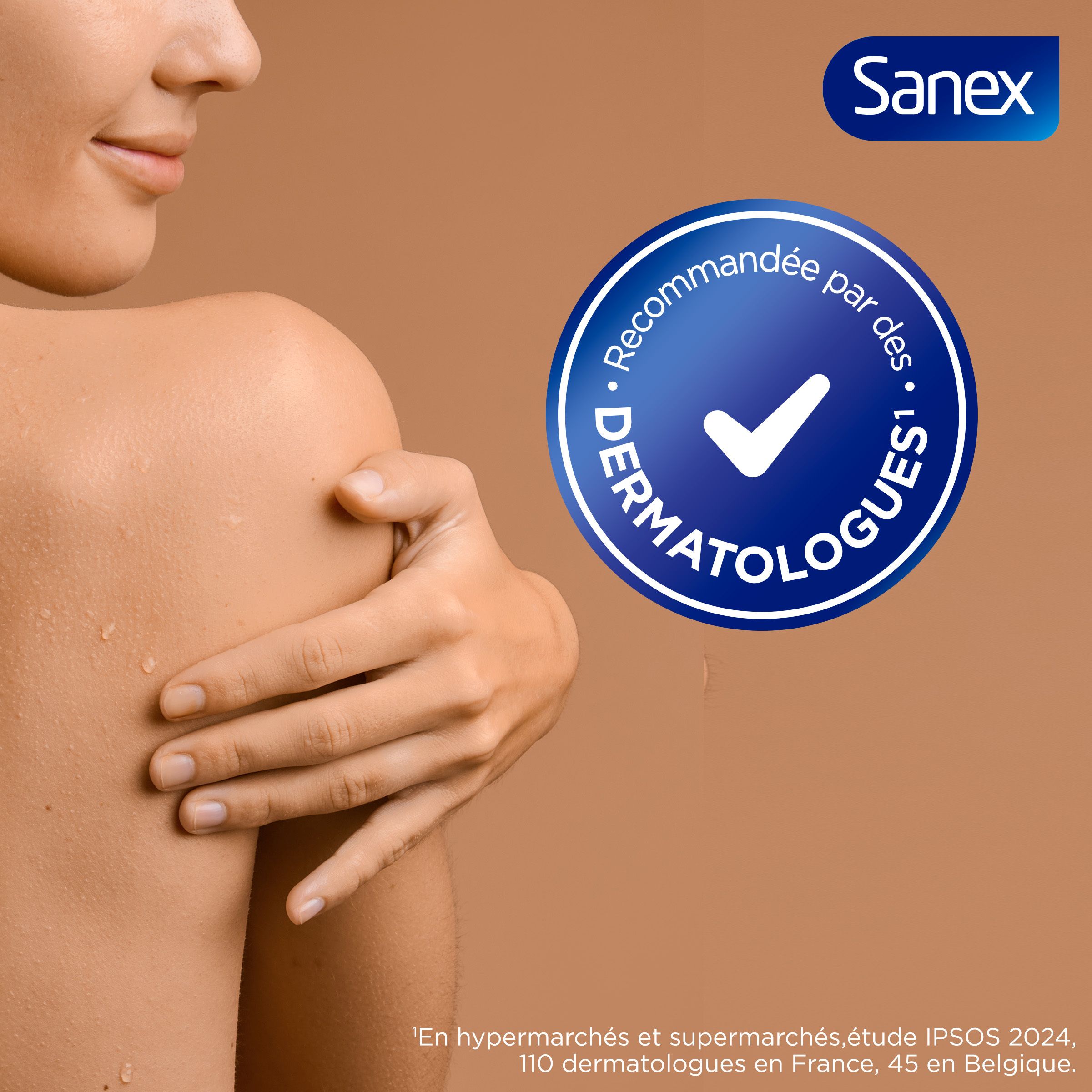 Publicité Sanex. Texte : Recommandée par des dermatologues. Logo avec coche.