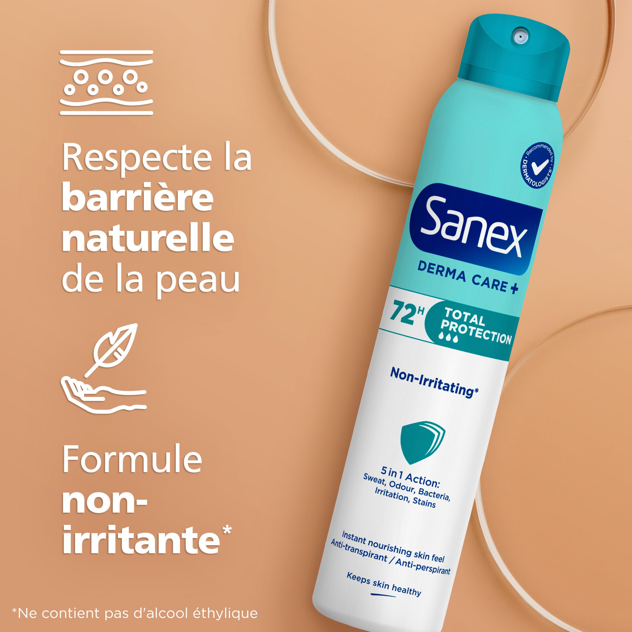 Sanex Derma Care+ spray. Flacon turquoise avec tête de pulvérisation bleue. Texte : Formule non-irritante.