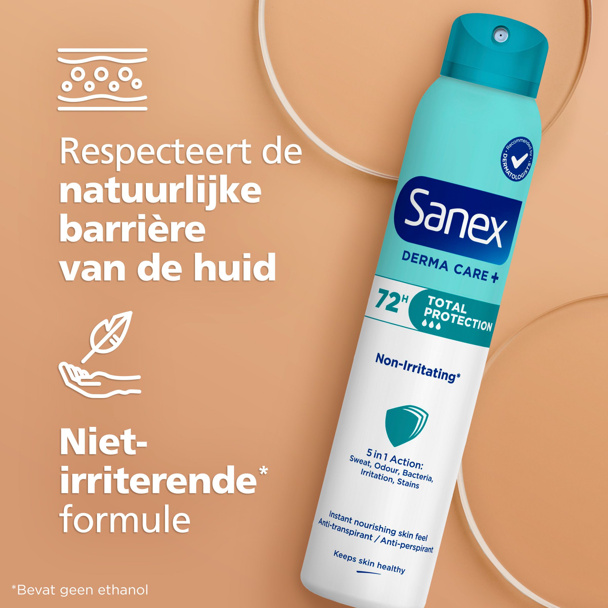 Sanex Derma Care+ spray. Turquoise bus met blauwe spuitkop. Tekst: Niet-irriterende formule.