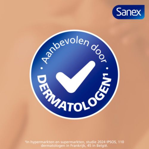 Blauwe cirkel met wit vinkje. Tekst: Aanbevolen door dermatologen.