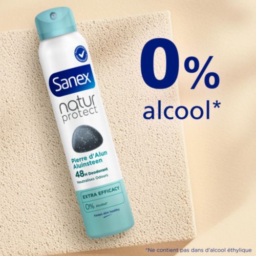 Flacon de déodorant Sanex. Texte: 0% alcool, 0% alcohol.
