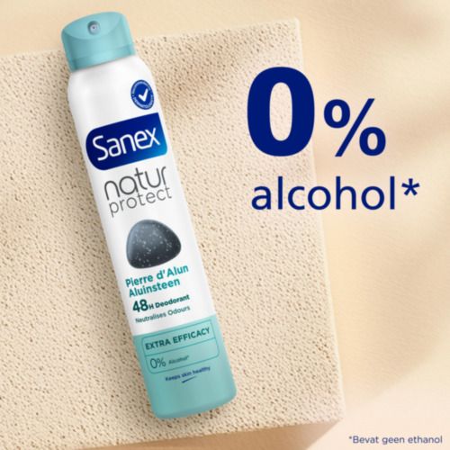 Sanex deodorant spuitbus. Tekst: 0% alcohol, 0% alcohol.