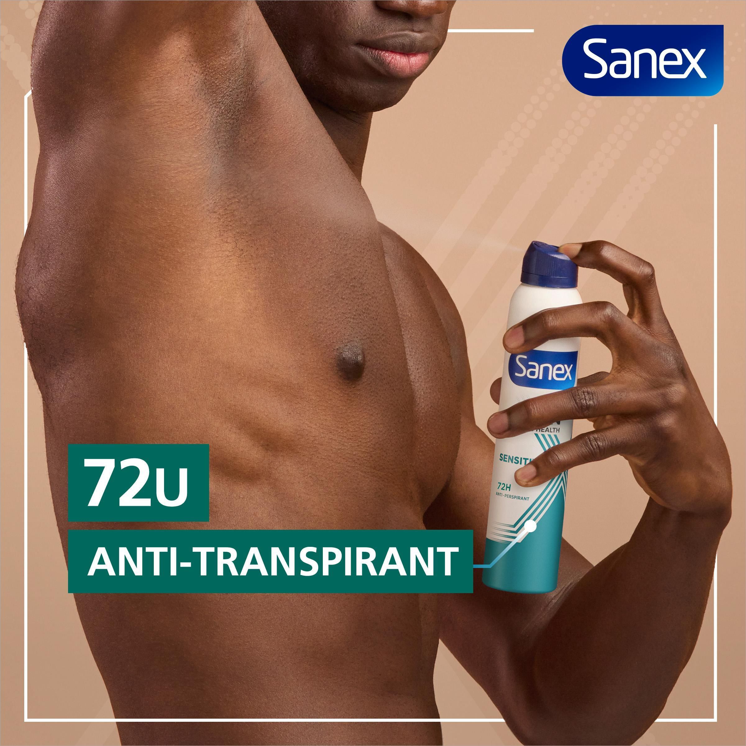 Man spuit deodorant. Sanex, Anti-transpirant, 72H. Bruine achtergrond.