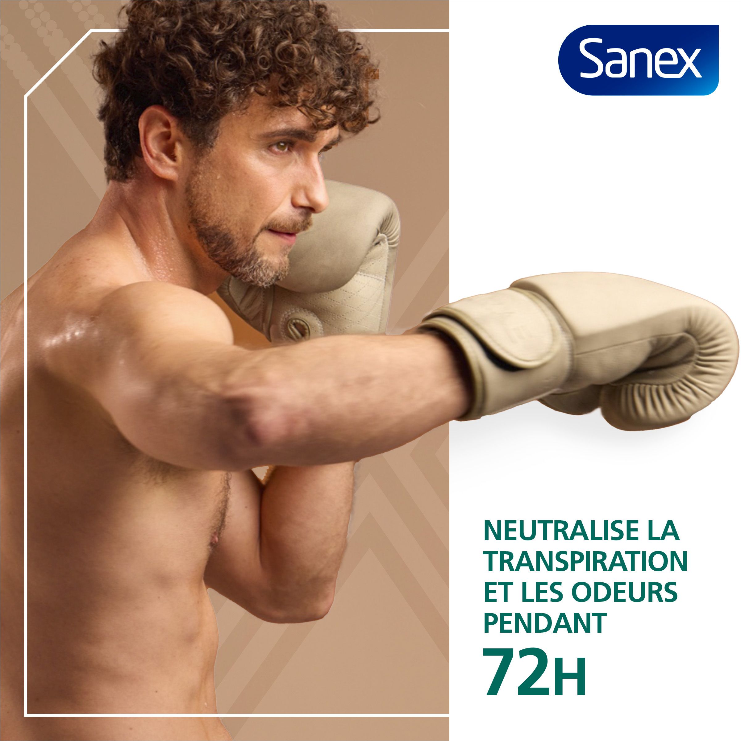 Homme boxant. Logo Sanex. Neutralise transpiration et odeurs pendant 72H.