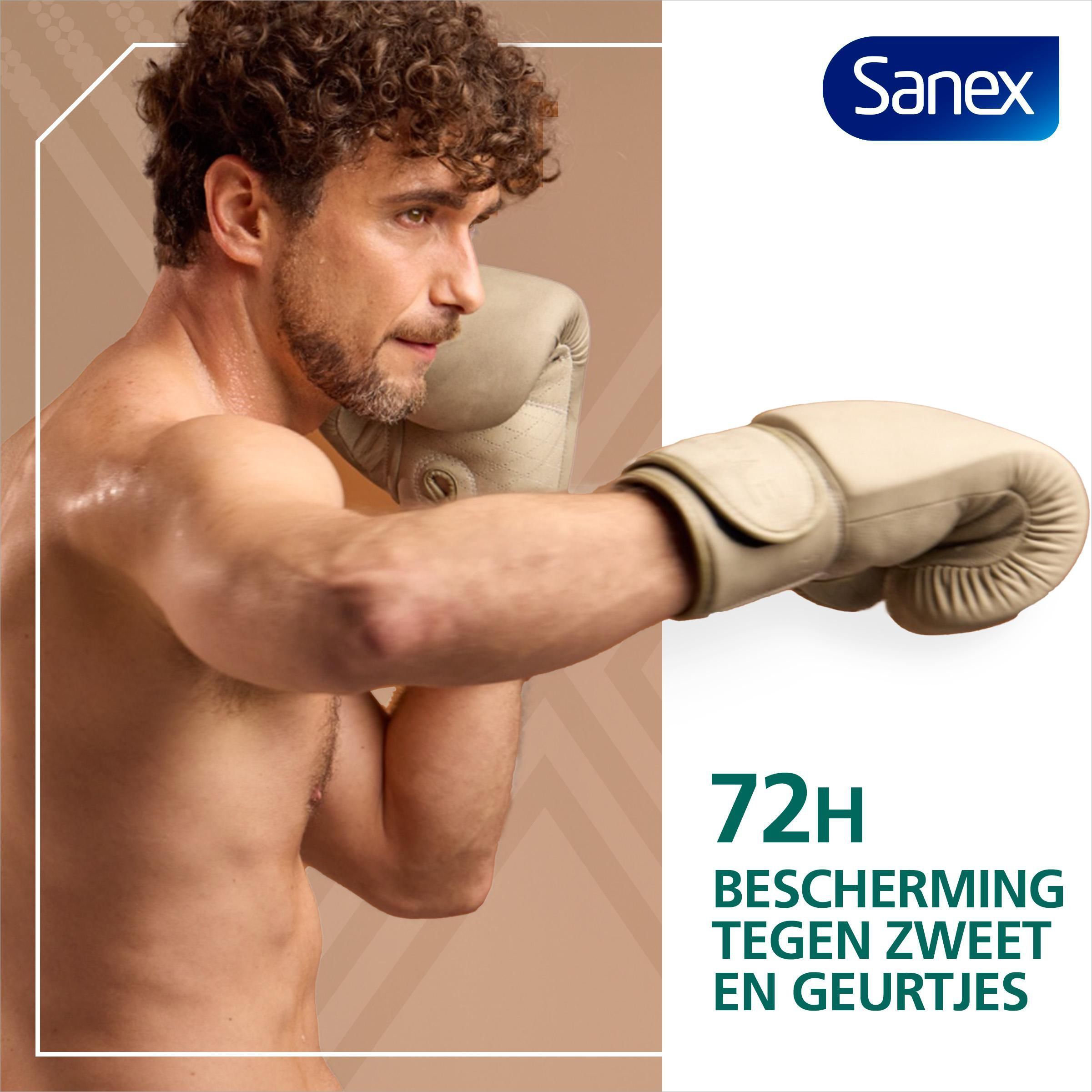 Man bokst. Sanex logo. Neutraliseert transpiratie en geurtjes 72H.