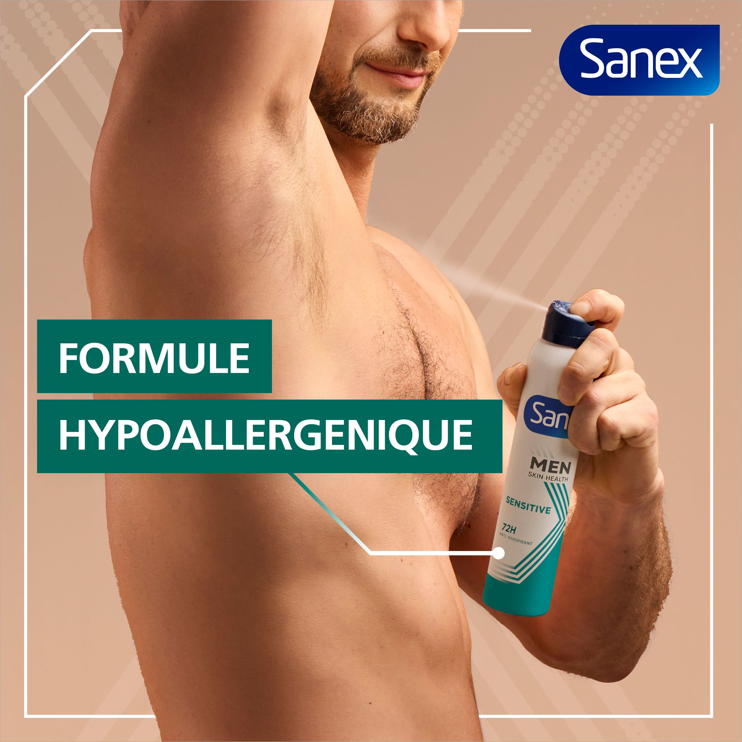 Homme vaporisant déodorant. Sanex, Men, Hypoallergénique, 72H. Fond marron.