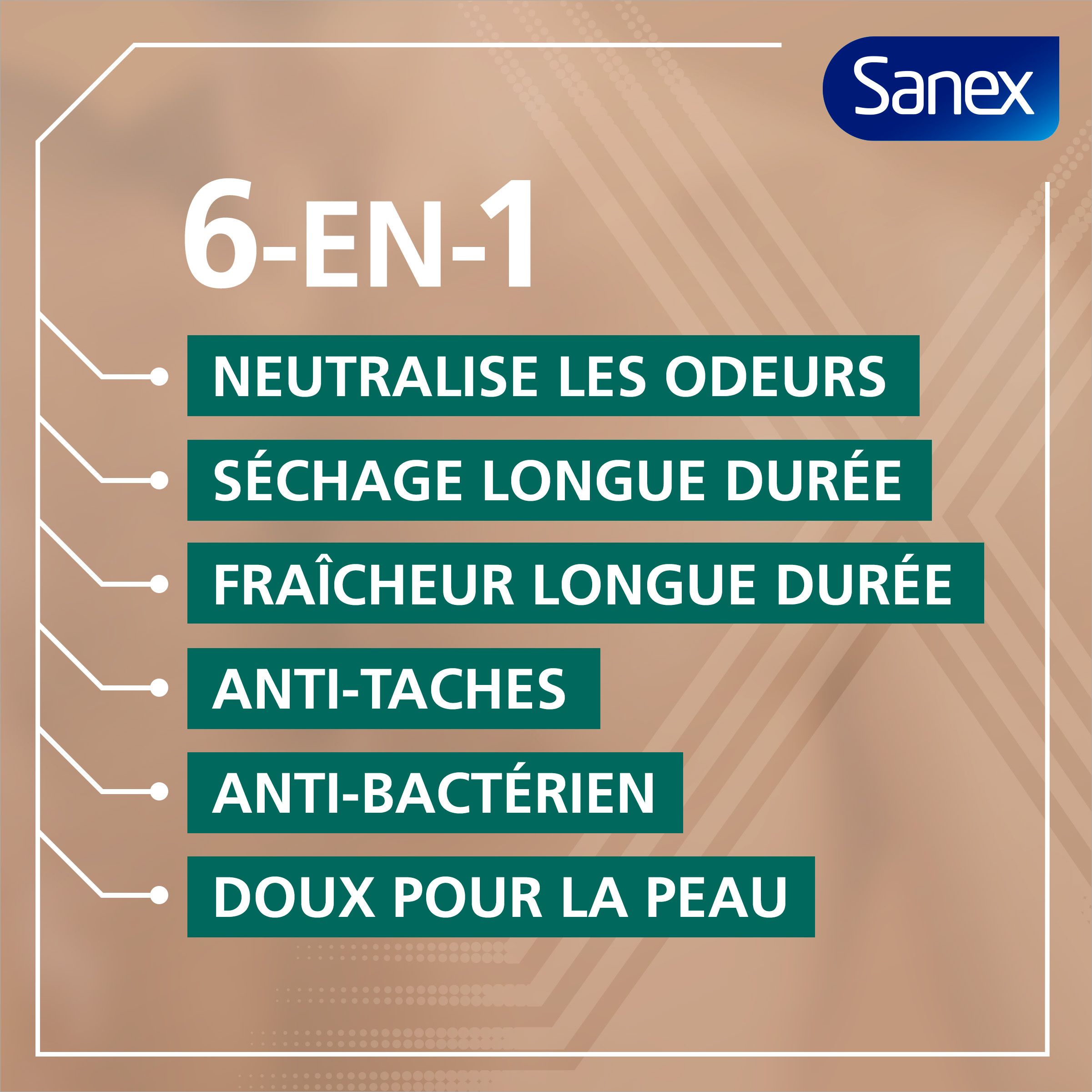 Avantages 6-en-1. Neutralise les odeurs, séchage longue durée, fraîcheur, anti-taches, antibactérien, doux pour la peau.
