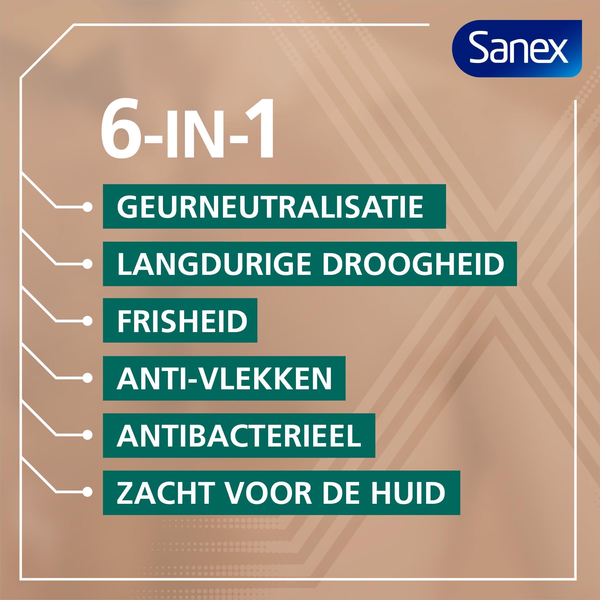 6-in-1 voordelen. Geurneutralisatie, langdurige droogheid, frisheid, anti-vlekken, antibacterieel, zacht voor de huid.