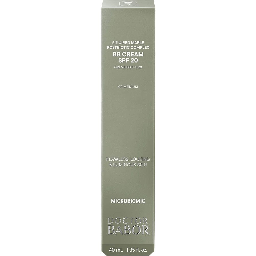BB Cream SPF 20 en verpakking. Opschrift: Doctor Babor. 02 Medium. 40 ml. 1,35 fl. oz. Flawless-looking & luminous skin.