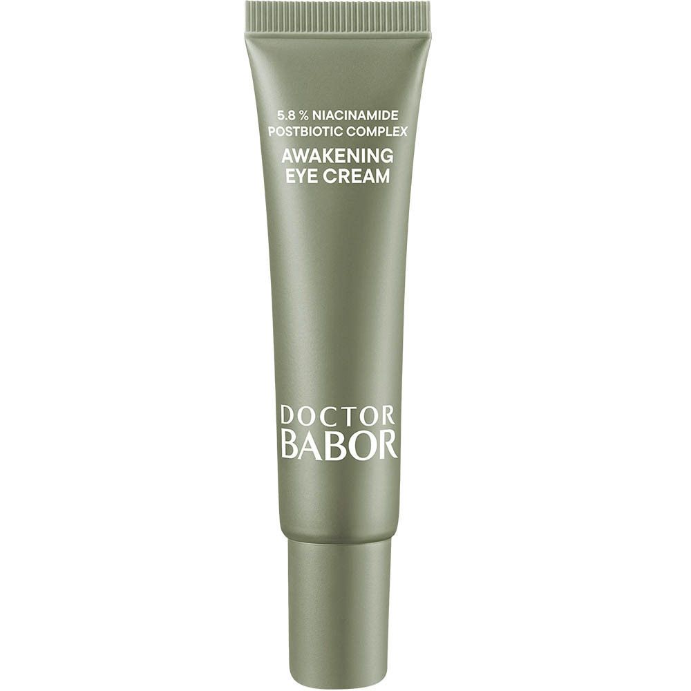 Tube gris de crème pour les yeux. Inscription: 5.8% Niacinamide, Awakening Eye Cream, Doctor Babor.