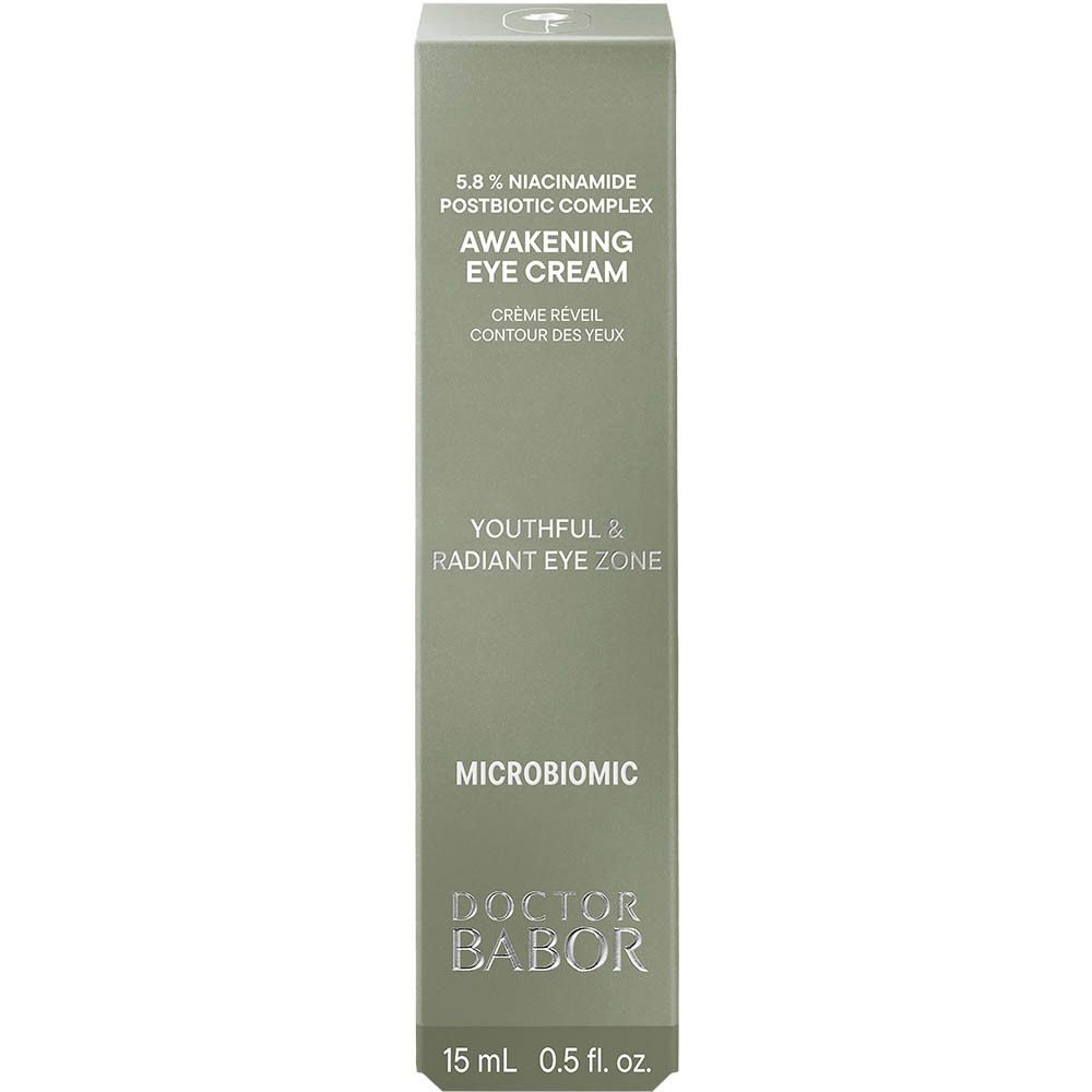 Grijze doos met oogcrèmetube. Opschrift: Awakening Eye Cream, Doctor Babor, 15 ml, 0.5 fl. oz.