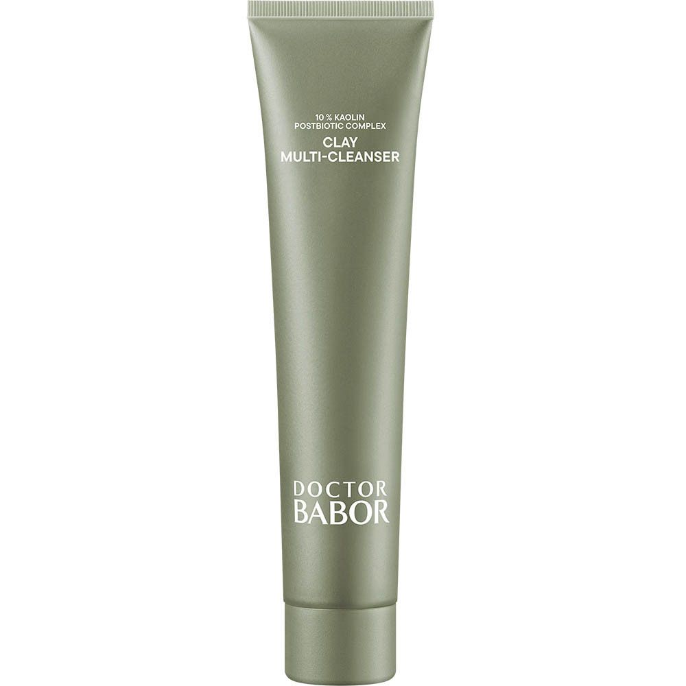 Tube vert avec texte. "DOCTOR BABOR" en bas, "CLAY MULTI-CLEANSER" en haut.