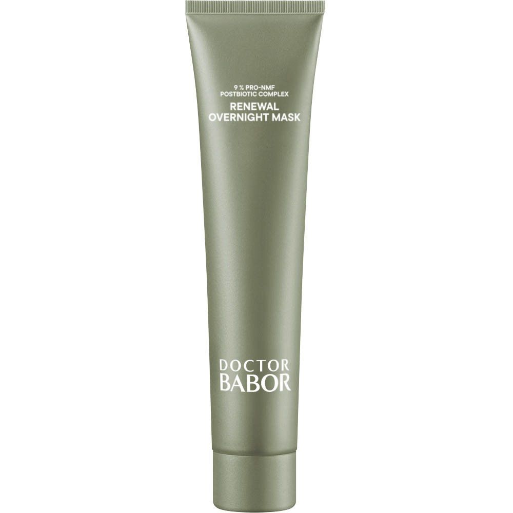Tube vert avec bouchon à vis. Inscription : Renewal Overnight Mask. Marque : Doctor Babor.