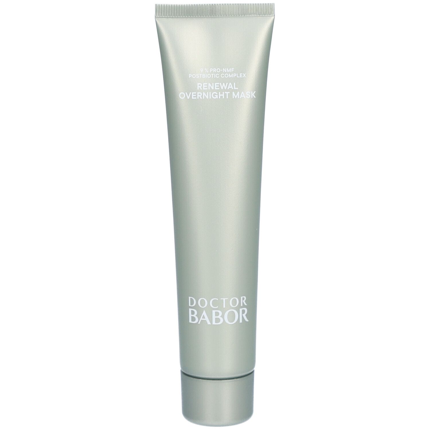 Zilverkleurige tube met schroefdop. Opschrift: Renewal Overnight Mask. Merk: Doctor Babor.