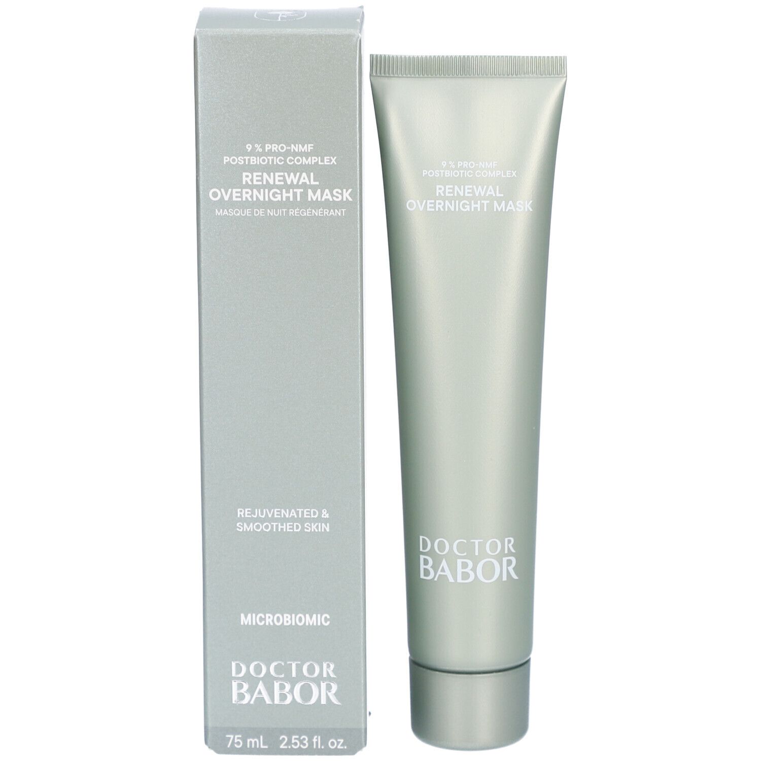 Tube en doosje naast elkaar. Opschrift: Renewal Overnight Mask. Merk: Doctor Babor. Volume: 75 ml.