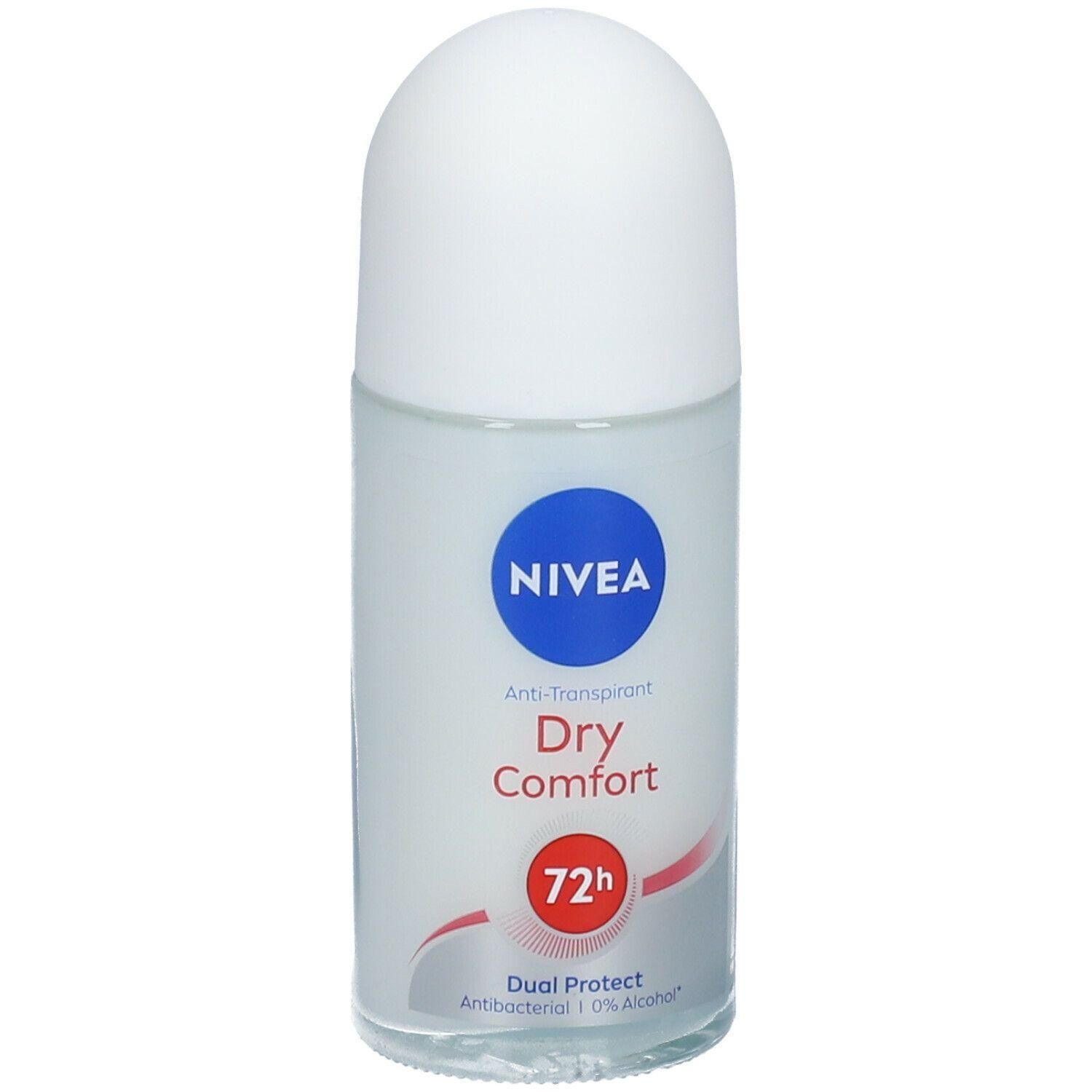 Flacon de déodorant roll-on blanc avec logo NIVEA bleu et texte rouge "Dry Comfort".