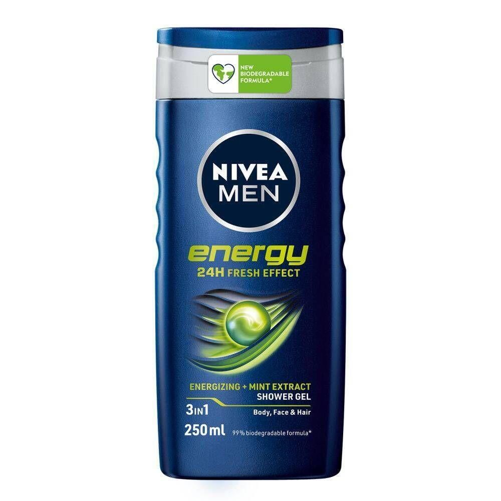 Blauwe fles NIVEA MEN Energy. Witte dop, groen logo en tekst. 250ml. 3in1 voor lichaam, gezicht en haar.