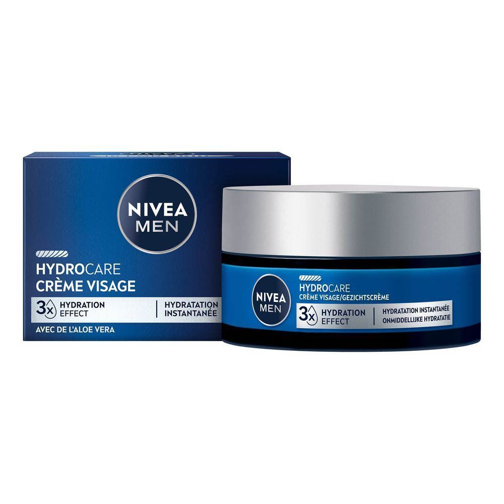 NIVEA MEN Hydrocare gezichtscrème pot en verpakking. Blauwe verpakking, zilveren pot.