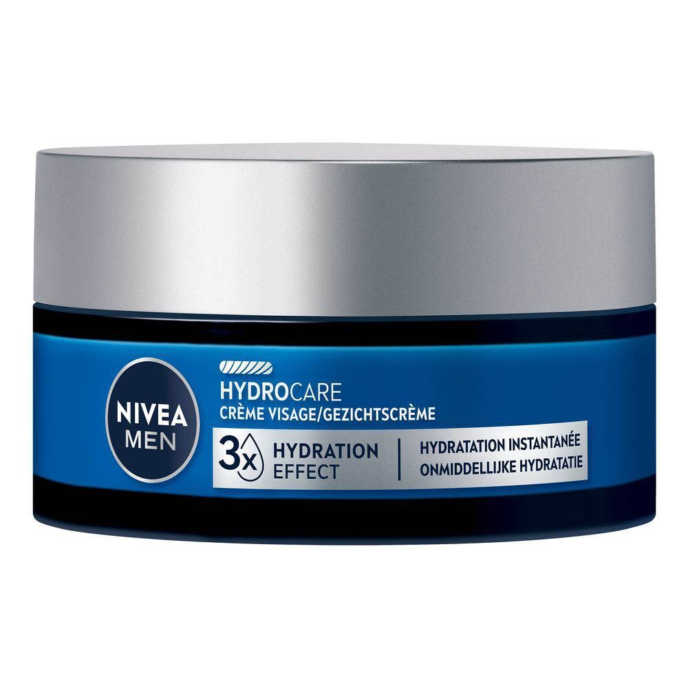 NIVEA MEN Hydrocare gezichtscrème pot. Blauwe pot met zilveren deksel. Tekst: 3x Hydratation Effect.