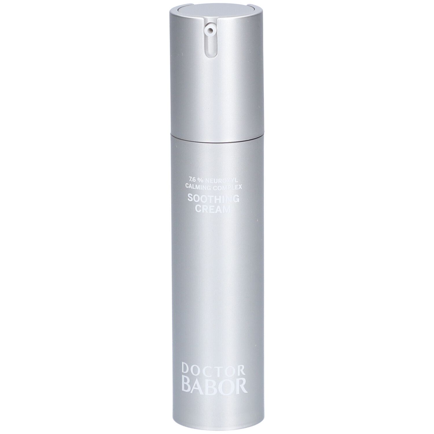 Zilveren crèmefles met pomp. Opschrift: Soothing Cream, Doctor Babor.