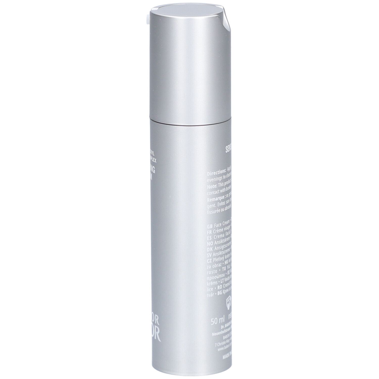 Zijaanzicht van een zilveren crèmefles. Opschrift: Soothing Cream, Doctor Babor, 50 ml.
