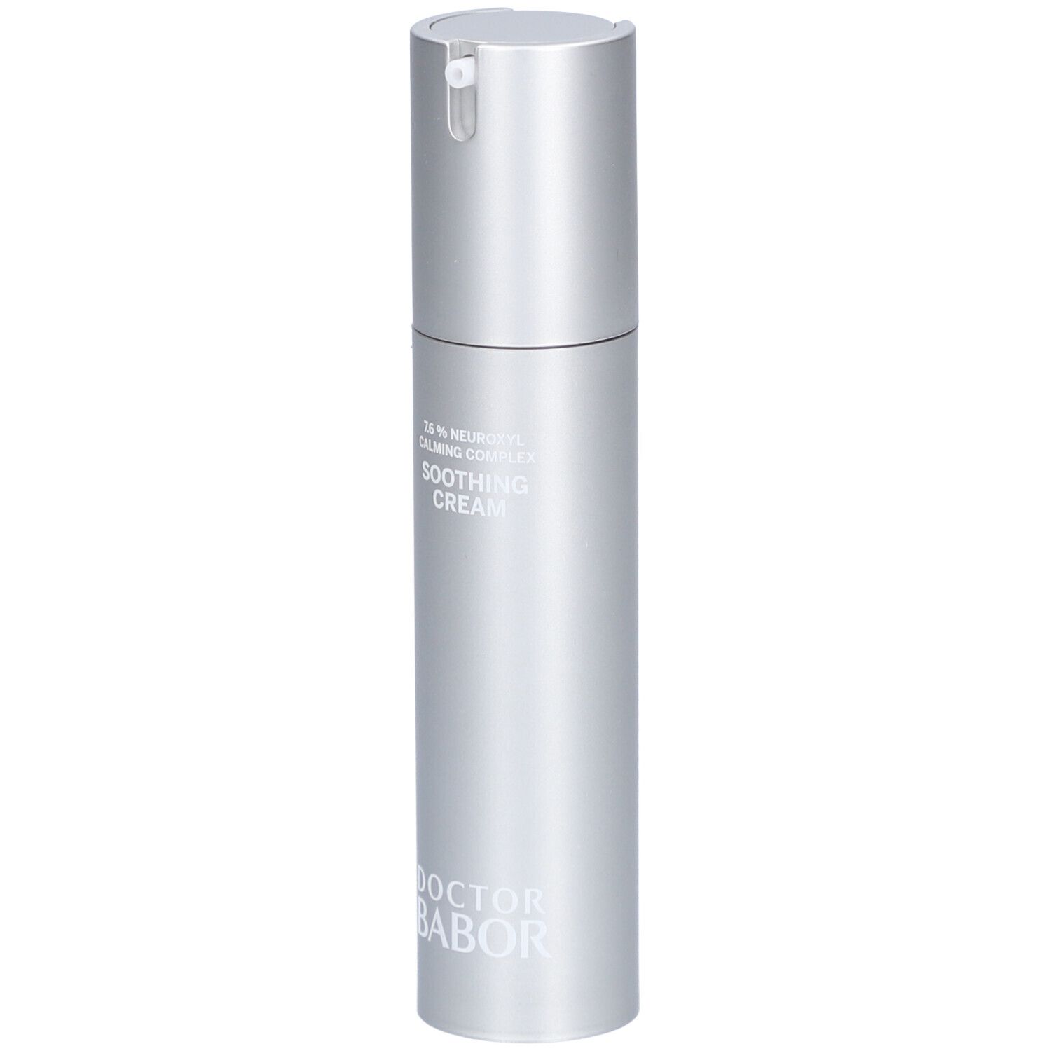 Zilveren crèmefles met pomp. Opschrift: Soothing Cream, Doctor Babor.