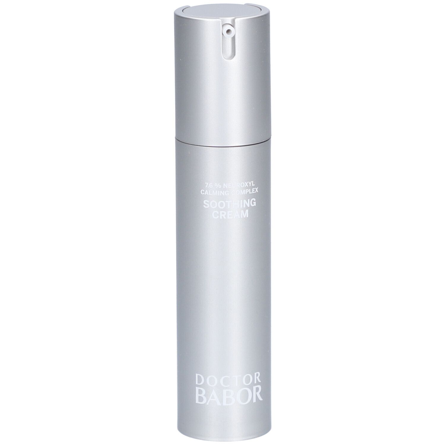 Zilveren crèmefles met pomp. Opschrift: Soothing Cream, Doctor Babor.