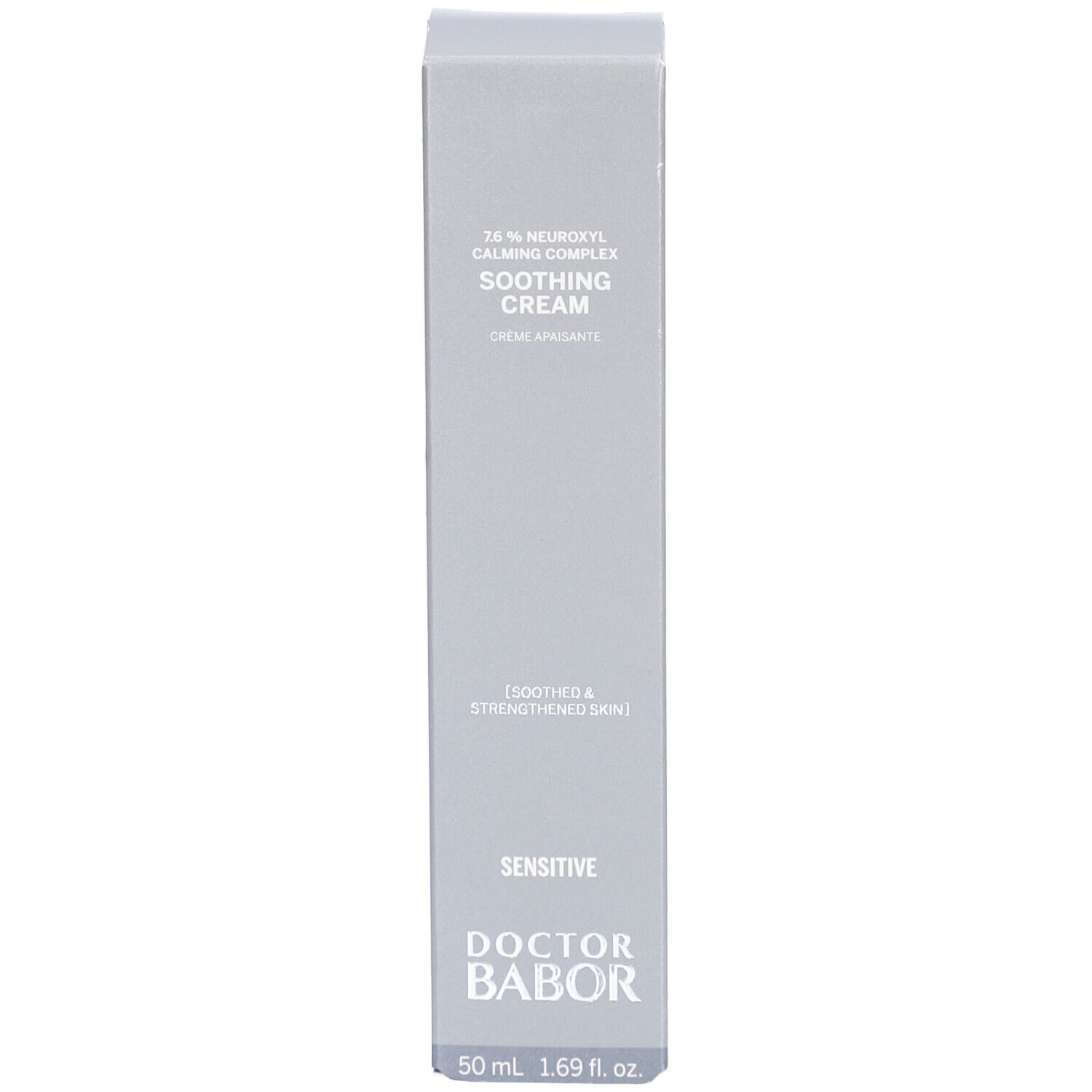 Grijze doos. Opschrift: Soothing Cream, Doctor Babor, Sensitive, 50 ml.